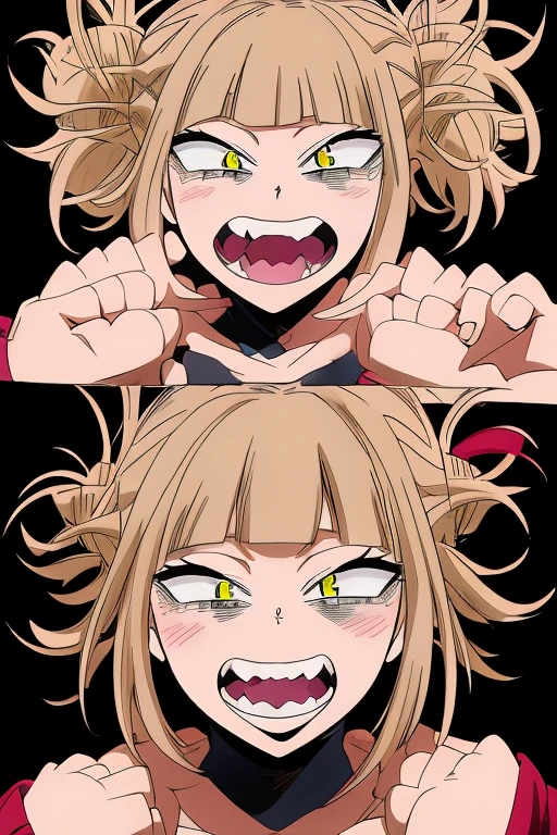 (himiko toga),(Anime),+,(Boku no hero academia),(kohei horikoshi),(Yellow eyes and cat's pupils), (short blonde hair with two pompoms), (with a perverted smile on her face with two cat-style teeth on top and two cat-style teeth on the bottom), (wearing),+,(a sexualized Christmas-style dress),+,(Beautiful image),(8k high image),(High resolution image),(Perfect pretty face),(perfect mouth),(bug fix),(better quality),(Image without any bus), (super beautiful image)
