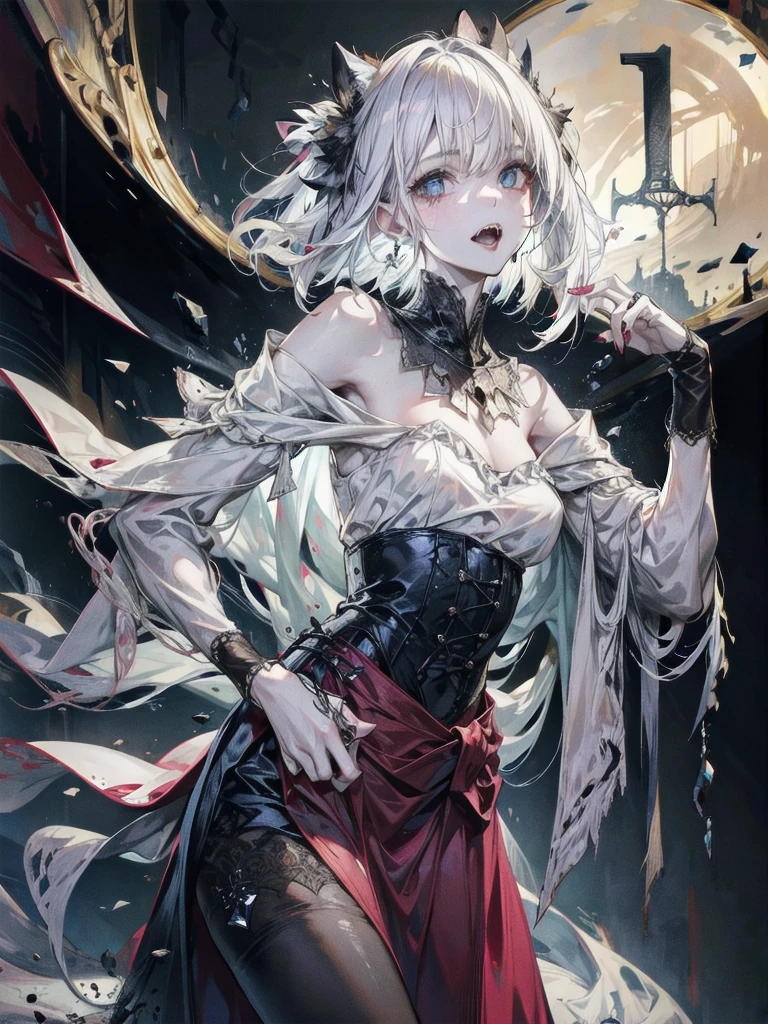 whole body, old mansion, vampire, sharp fangs, absurdres, RAW photo, extremely delicate and beautiful, masterpiece, Best Quality, ultra high resolution, 32k, hyperrealistic, ultra-detailed, perfect figure, detailed description, pale skin, 20 years old, detailed beautiful face and eyes, tearful mole, earring, short medium hair, wavy hair, 