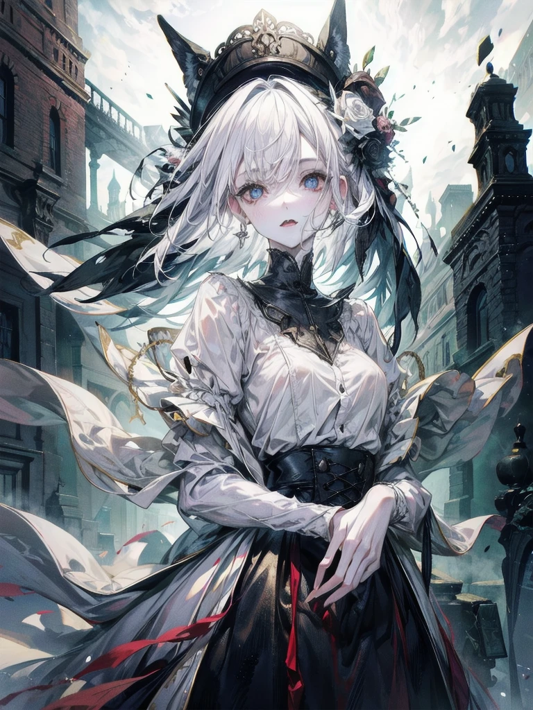 whole body, old mansion, vampire, sharp fangs, absurdres, RAW photo, extremely delicate and beautiful, masterpiece, Best Quality, ultra high resolution, 32k, hyperrealistic, ultra-detailed, perfect figure, detailed description, pale skin, 20 years old, detailed beautiful face and eyes, tearful mole, earring, short medium hair, wavy hair, 