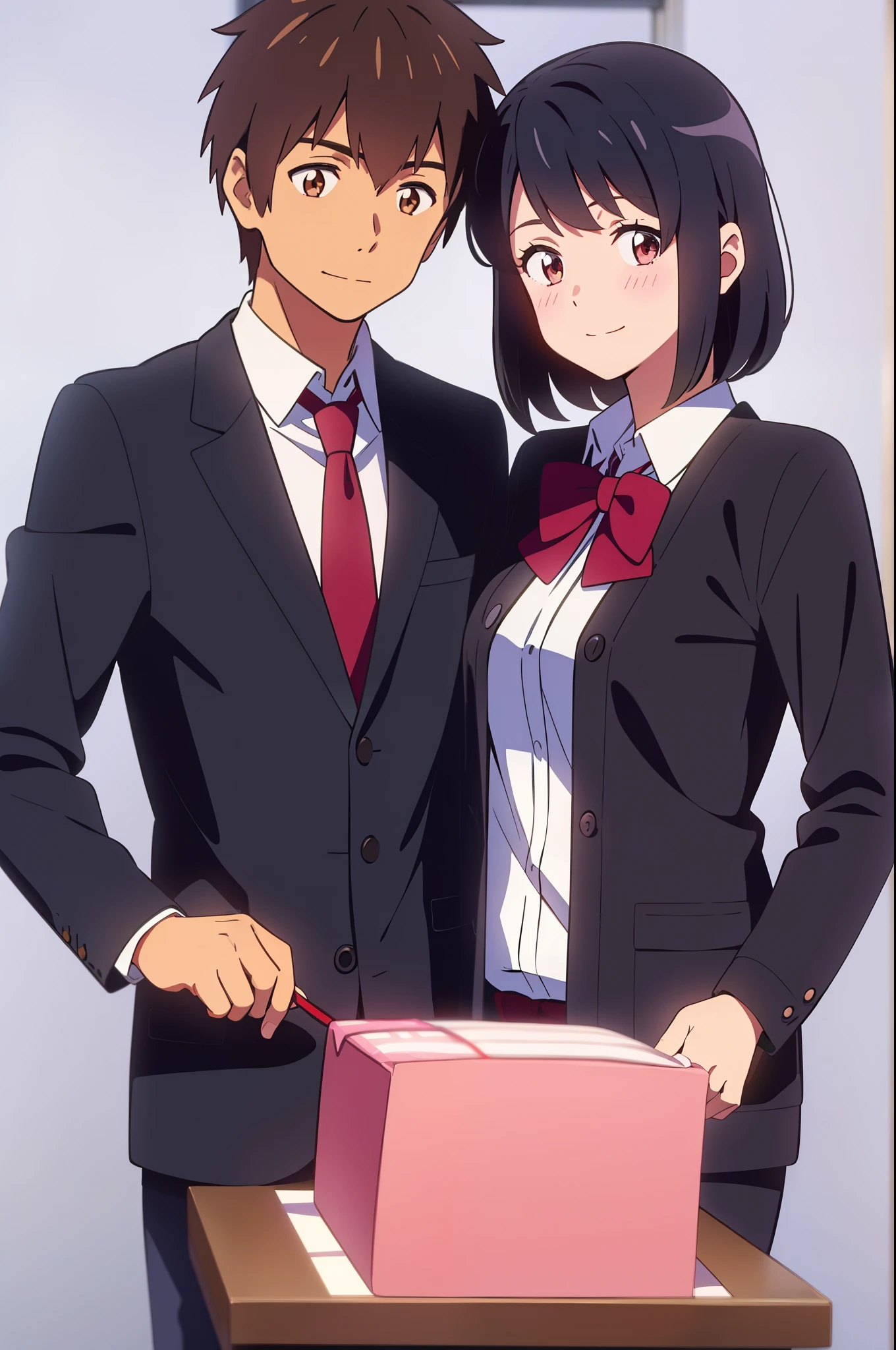 shinkai makoto, kimi no na wa., 1girl, 1boy, bangs, black hair, short hair, blush, brown eyes, collared shirt, white shirt, black cardigan, (boy wear red tie), (girl wear red bow, red headband, red ribbon), cute, couple, adorable, shinny skin, looking at viewer, smile, simple background, upper-body