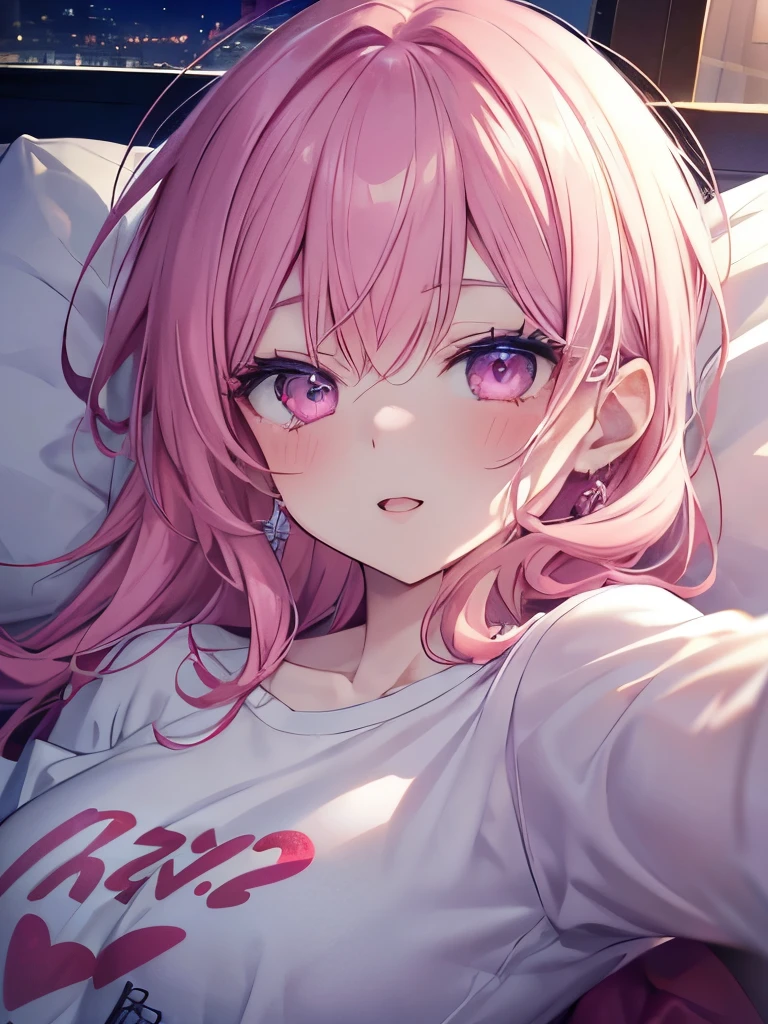 masutepiece, Highest Quality, (Perfect face:1.1), (high detailing:1.1), (ultradetailed eyes),Dramatic, superfine illustration, Extremely detailed,1girl in, teenager,(pale skin), Happy, Laugh, Enjoy, pinkhair,gloweyes,pink eyes,Ethereal eyes,open mouth,smile,Solo,Pouty lips,Cinematic lighting,cowboy shot,looking for viewer,pajamas,sleeping,indoor, bedroom,lying on back(midnight:1.4)