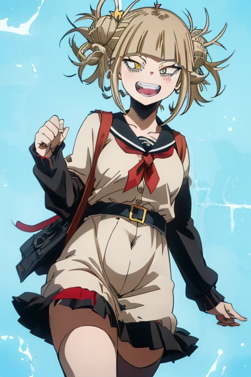 (himiko toga),(Anime),+,(Boku no hero academia),(kohei horikoshi),(Yellow eyes and cat's pupils), (short blonde hair with two pompoms), (with a perverted smile on her face with two cat-style teeth on top and two cat-style teeth on the bottom), (wearing),+,(a sexualized Christmas-style dress),+,(Beautiful image),(8k high image),(High resolution image),(Perfect pretty face),(perfect mouth),(bug fix),(better quality),(Image without any bus), (super beautiful image)