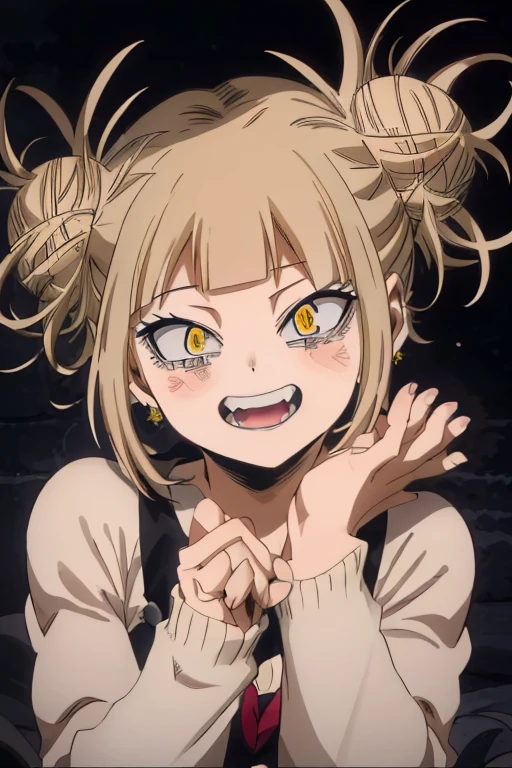 (himiko toga),(Anime),+,(Boku no hero academia),(kohei horikoshi),(Yellow eyes and cat's pupils), (short blonde hair with two pompoms), (with a perverted smile on her face with two cat-style teeth on top and two cat-style teeth on the bottom), (wearing),+,(a sexualized Christmas-style dress),+,(Beautiful image),(8k high image),(High resolution image),(Perfect pretty face),(perfect mouth),(bug fix),(better quality),(Image without any bus), (super beautiful image)