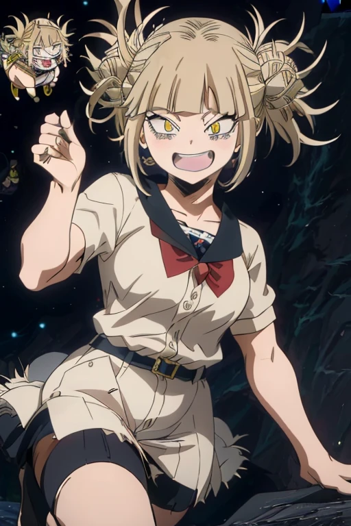 (himiko toga),(Anime),+,(Boku no hero academia),(kohei horikoshi),(Yellow eyes and cat's pupils), (short blonde hair with two pompoms), (with a perverted smile on her face with two cat-style teeth on top and two cat-style teeth on the bottom), (wearing),+,(a sexualized Christmas-style dress),+,(Beautiful image),(8k high image),(High resolution image),(Perfect pretty face),(perfect mouth),(bug fix),(better quality),(Image without any bus), (super beautiful image)