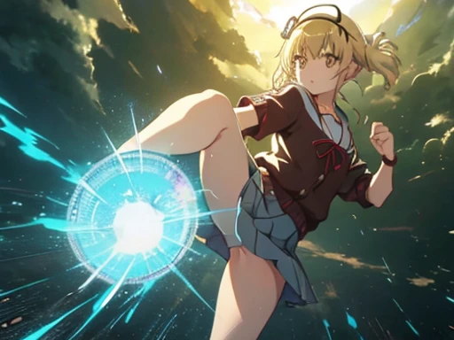 high quality, 1 girl, suetsugi konoha, Severe, barefoot, Lightning Kick, Show your whole body、Skirt fluttering、I can see your pants