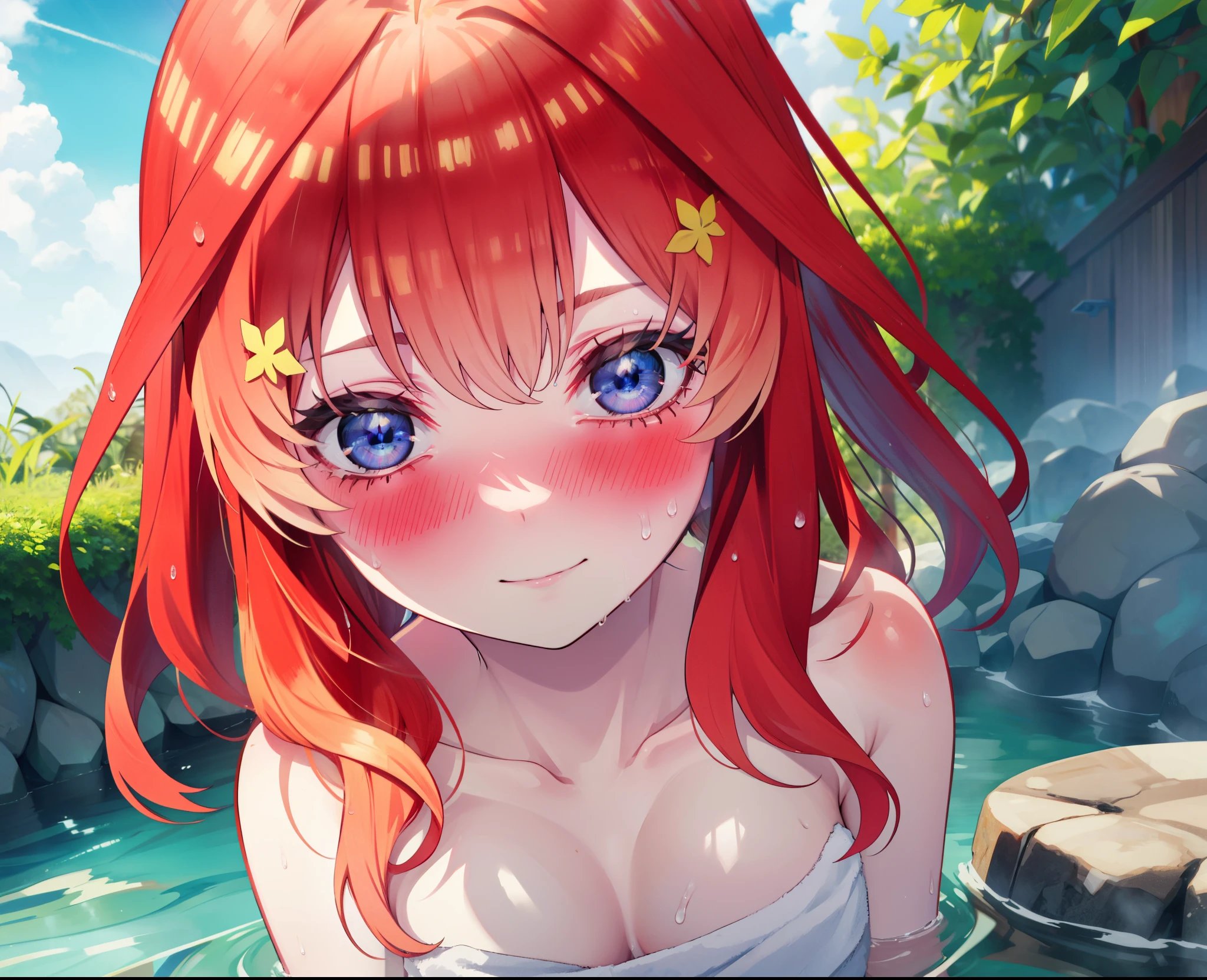 itsukinakano, Itsuki Nakano, bangs, blue eyes, Hair between the eyes, Ahoge, Redhead, smile,Big Breasts,Naked Towel,
blush,smile, Wet Hair,Wet towel,Wet Naked,Open your mouth,Damp Hair,Completely naked,barefoot,Cover one&#39;s naked body with a bath towel,moon光,night,moon,whole bodyがイラストに入るように,
break outdoors, Open-air bath,
break looking at viewer, whole body,
break (masterpiece:1.2), highest quality, High resolution, unity 8k wallpaper, (figure:0.8), (Beautiful fine details:1.6), Highly detailed face, Perfect lighting, Highly detailed CG, (Perfect hands, Perfect Anatomy),