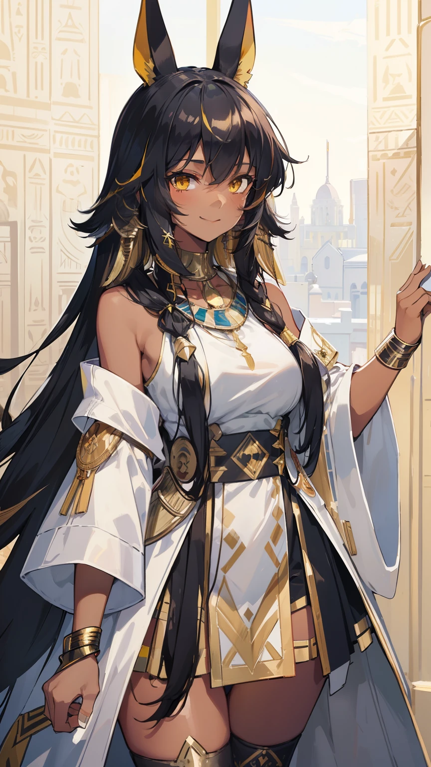 (masterpiece, best quality:1.2), illustration, 8k, hd, solo, 1girl, ((tan, dark skin)), egyptian girl, long hair, black hair, golden diadem on head, wearing white Egyptian clothes, thigh highs, medium breasts, yellow eyes, smile, animal ears, white coat, black dress,