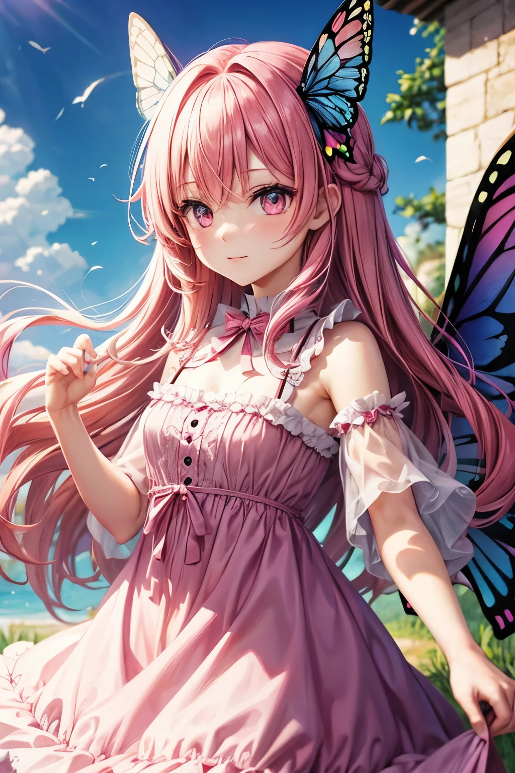 pink hair,Pink eyes,Girl,Butterfly wings,dress