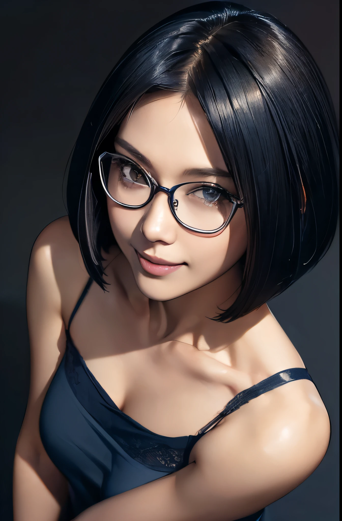 (masterpiece), (8k, best quality, high resolution), (ultra-detailed, realistic), (anatomically correct),
((from above)), ((look up and see the viewer)),
((face close-up)), (Standing), (No background),
(1woman),
(A Japanese woman, 30 years old and 155cm tall.),
(((Wear a navy blue tunic camisole))), ((A camisole without decoration.)),
(black hair), (straight hair), (short hair style), ((bob cut)),
(wear glasses), (black square cell glasses),
((smile broadly)),
(Her impression is pure, clean and kind.),