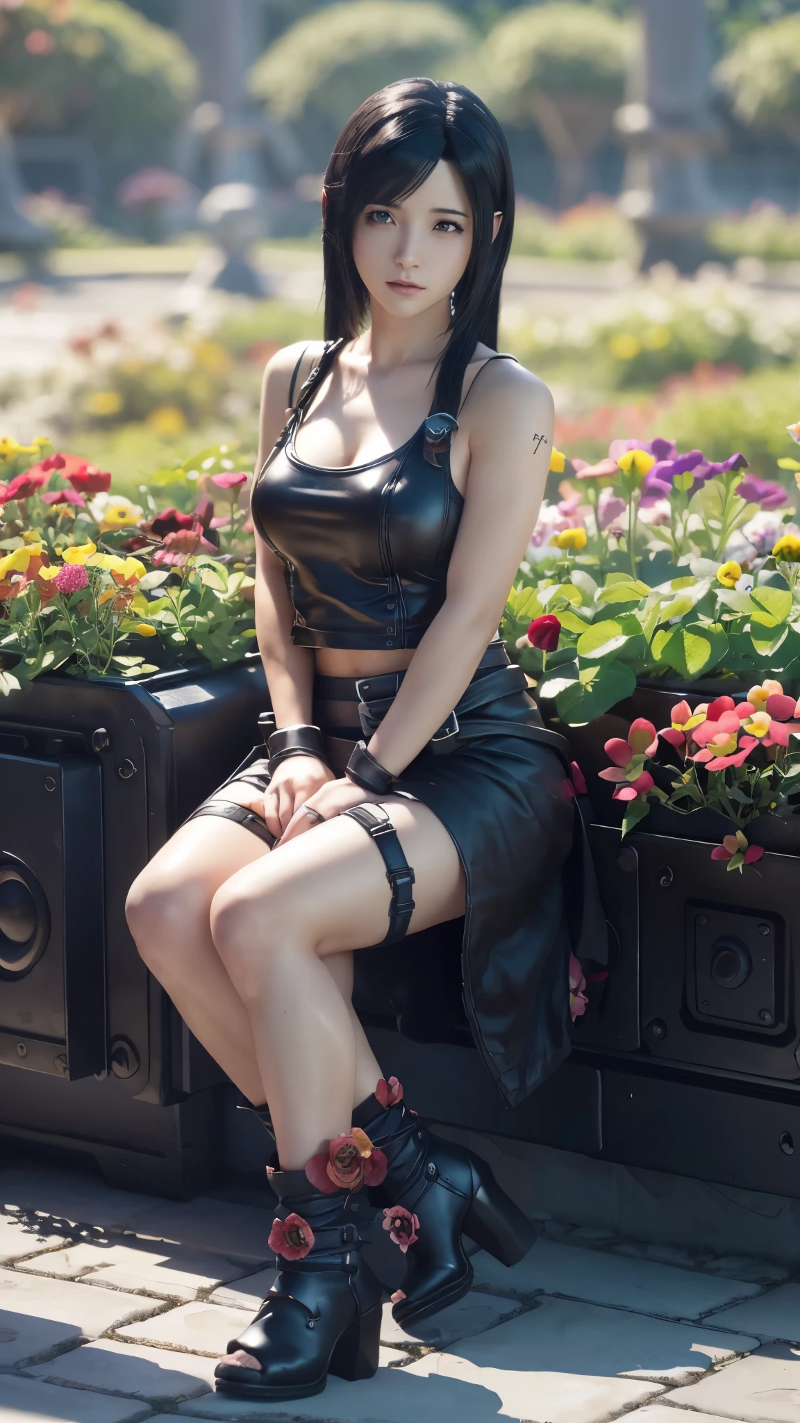 Tifa Lockhart, mksks style, (Highly detailed background:1.3), Final Fantasy VII Remake, (Red eyes), One girl, Black Hair, (Japanese idle:1.6), (Tifa Lockhart style:1.4), (flower garden:1.5), Sitting