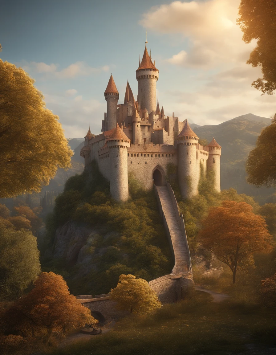there is a golden queen riding a dragon next to a medieval castle set above a kingdom, beautiful pixar render of a medieval tale, 3d rendered matte painting, illustration matte painting, high quality matte painting,cute, castle background, inspired by Edmund Leighton, highly detailed matte painting, hyperdetailed 3 d matte painting, hyperdetailed 3d matte painting, medieval castle background, 3d matte painting