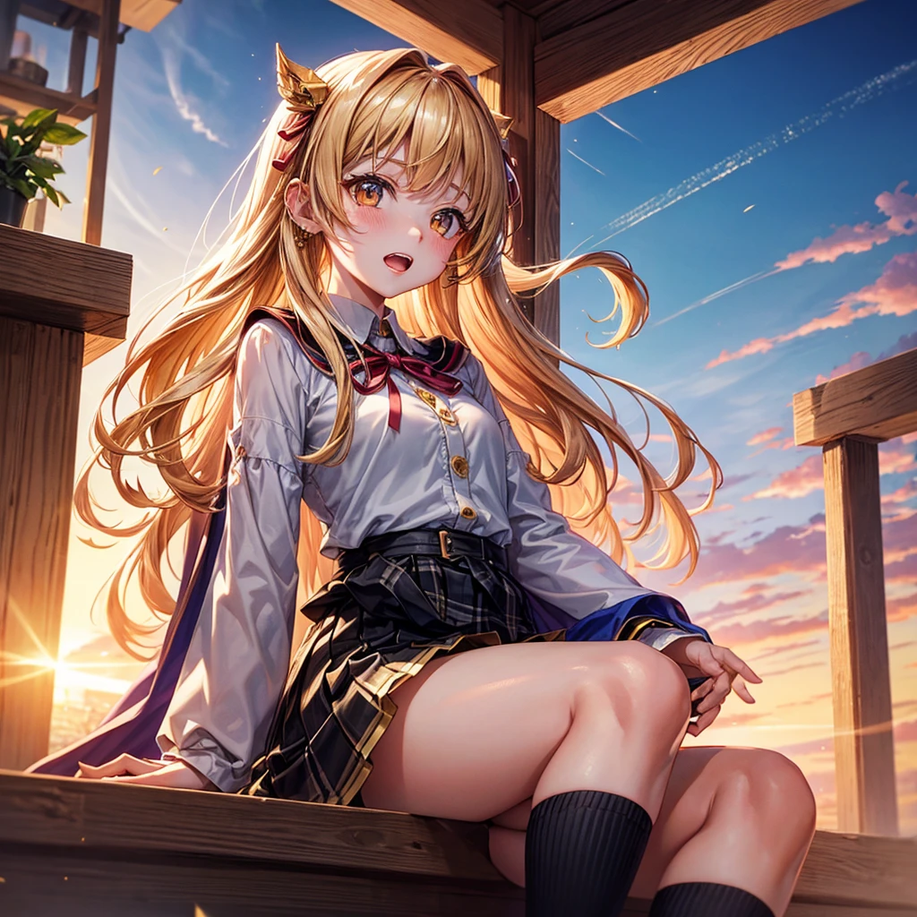Pink gold golden hair、Golden Eyes、One good looking girl、solo、anime、Checkered mini skirt、Ruffles on the skirt、Red T-shirt、Cape、Gothic、Black knee-high socks、Wearing a ribbon、Ribbon on waist、Tilting face、Teeth are visible、Sunset sky、Piercing the clouds、Contrail、tree、Touching your face、lotus leaves、Cumulonimbus、Pillar of Light、Magic wand、Sitting on a golden treasure chest