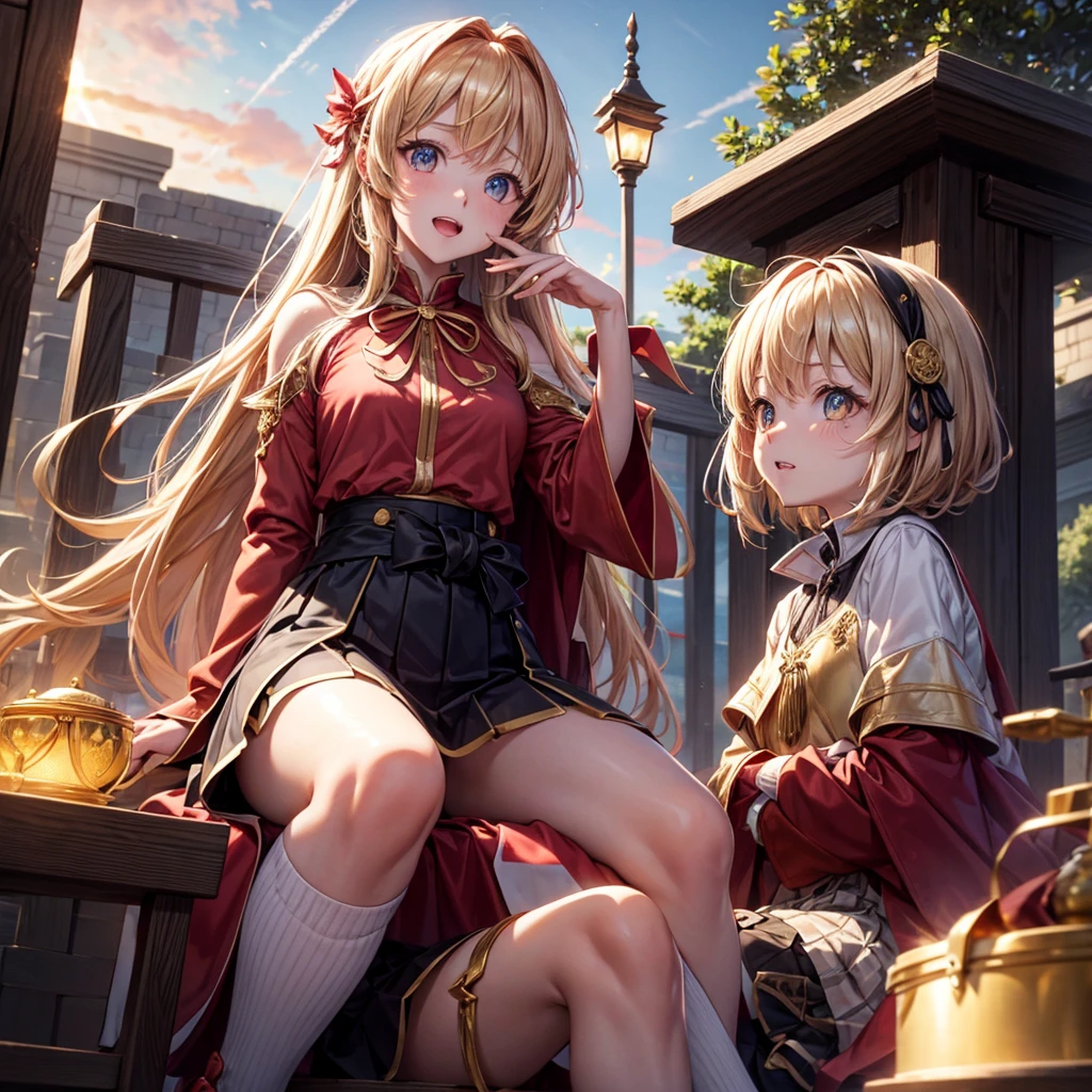 Pink gold golden hair、Golden Eyes、One good looking girl、solo、anime、Checkered mini skirt、Ruffles on the skirt、Red T-shirt、Cape、Gothic、Black knee-high socks、Wearing a ribbon、Ribbon on waist、Tilting face、Teeth are visible、Sunset sky、Piercing the clouds、Contrail、tree、Touching your face、lotus leaves、Cumulonimbus、Pillar of Light、Magic wand、Sitting on a golden treasure chest