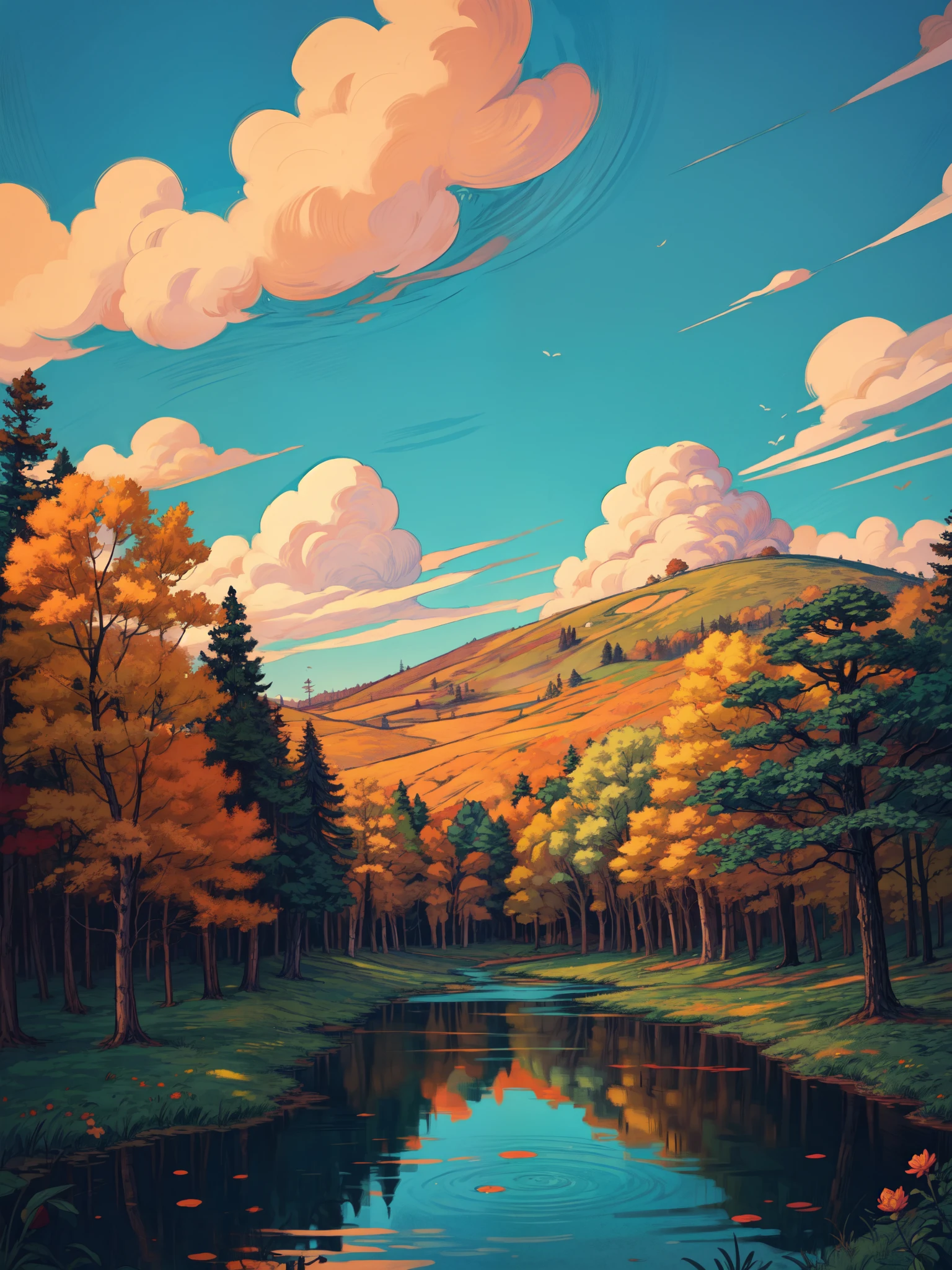 aerial view, pond surrounded by trees, evening time, autumn, reflection, flowery bushes, norway, beautiful weather, windy, illustration, vibrant tones, shining clouds, thick lines, cozy tones, beautiful sky, ghibli style, outdoors, cozy atmosphere, micro landscape, intrinsic details