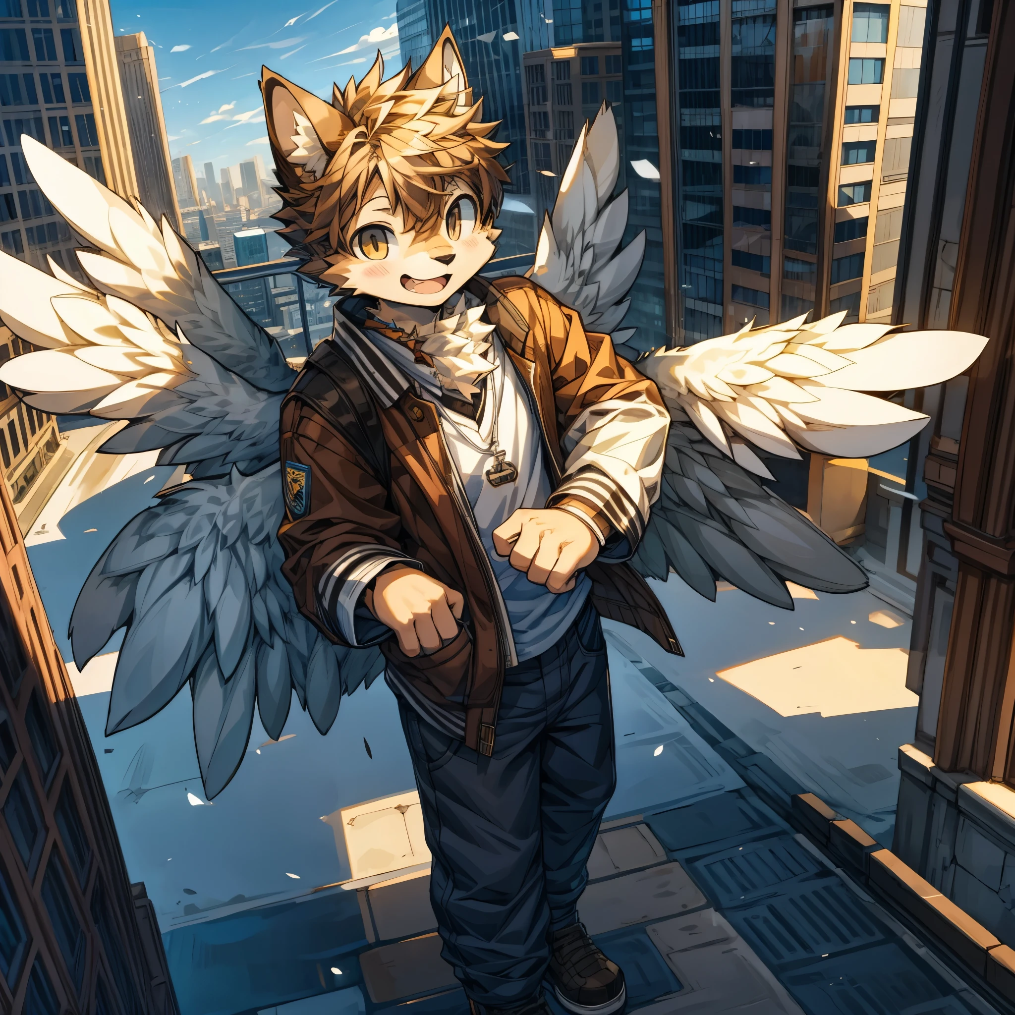 masterpiece,High quality,one boy,(cat with two wings),brown&white fur,smile,(About ),cute,city,One person