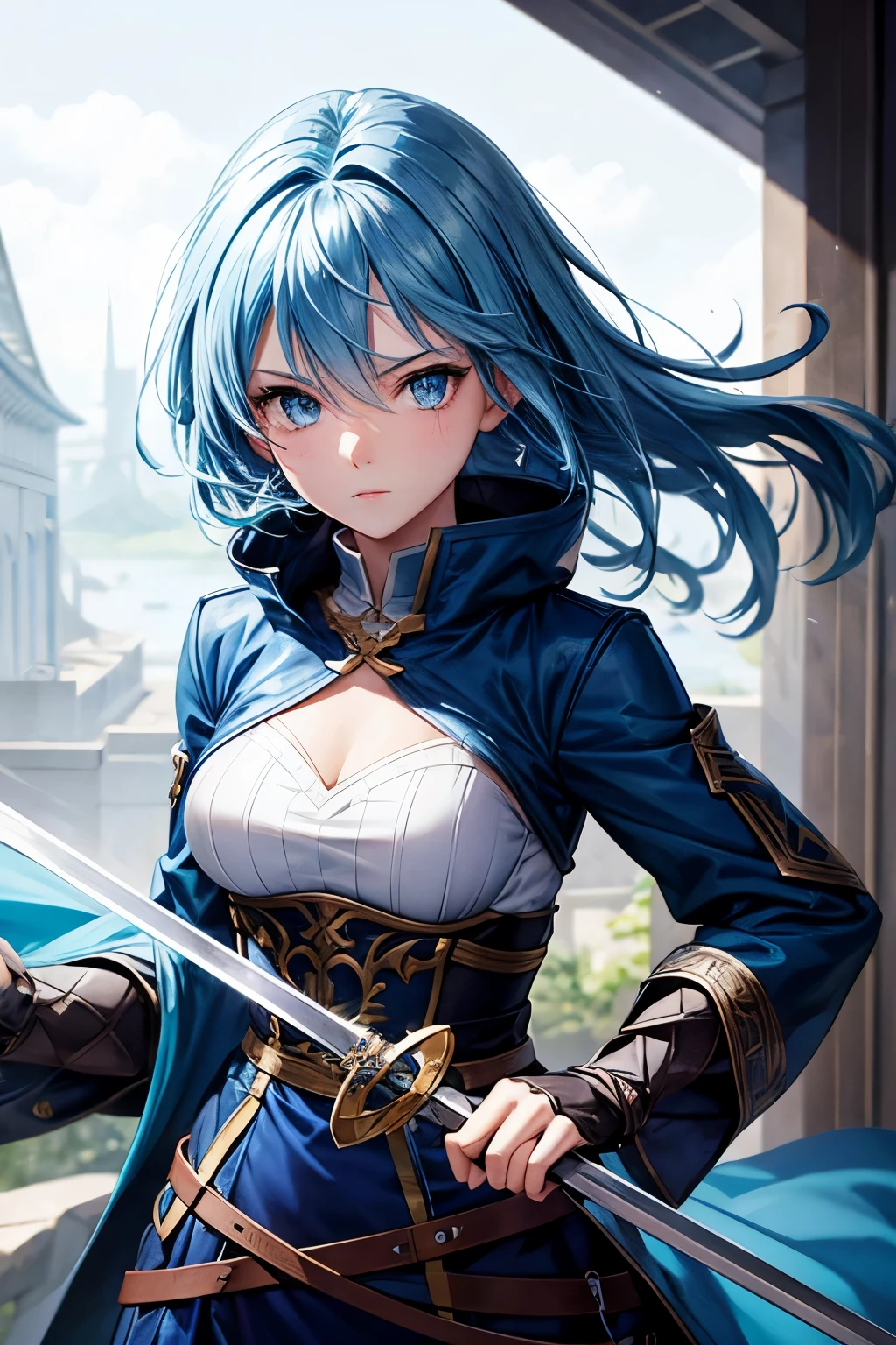 blue hair，blue eyes，Girl，Swordsman