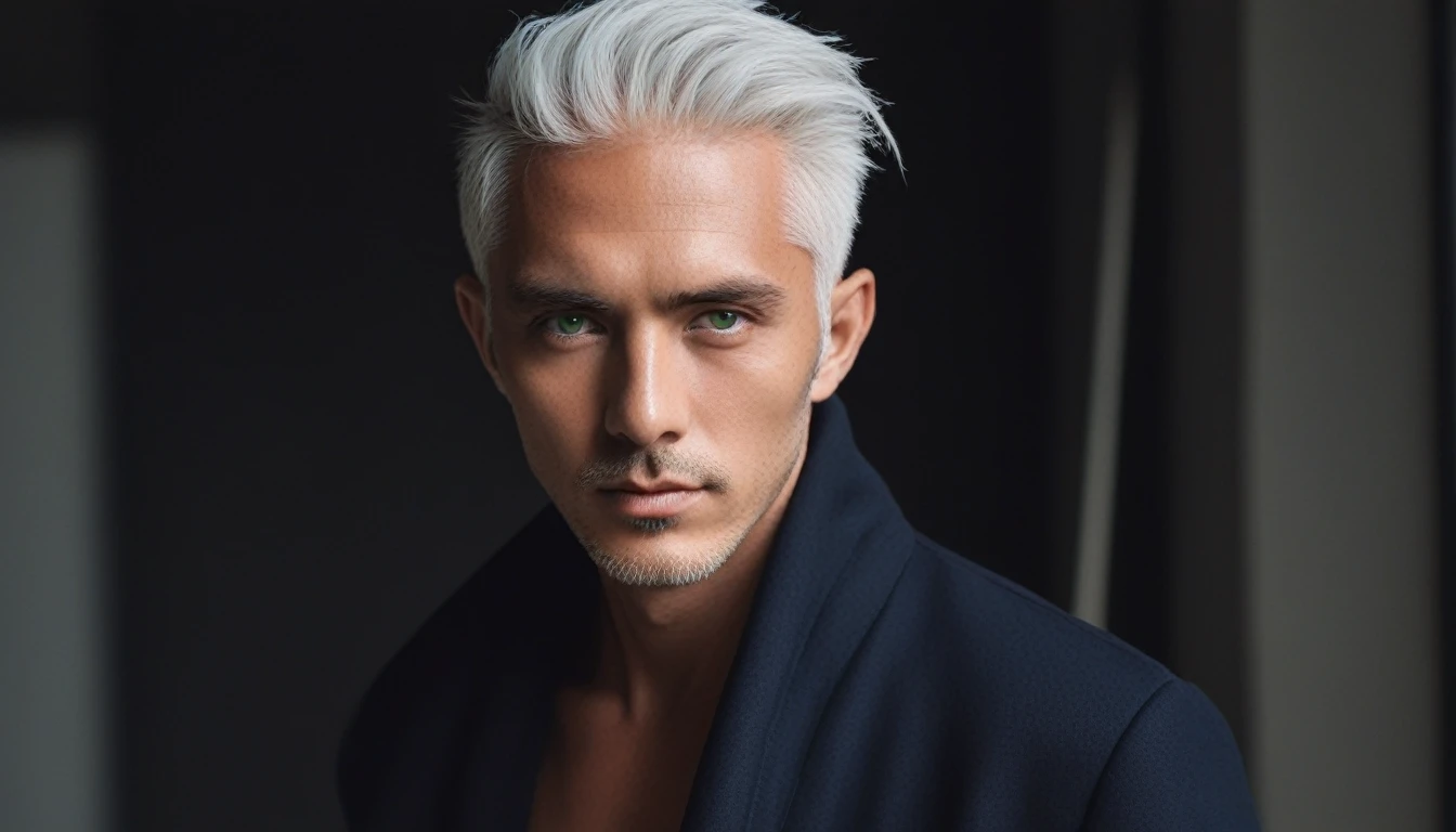 a cool 22 old male Instagram model named Oscar, white hair, intense green eyes, creative and curious, Avant-Gard style with Japanese influence, he is an artist, sun-tanned, in a cool loft