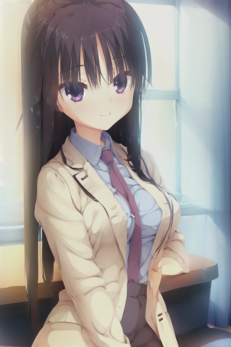 1girl,classroom,solo,breasts,explicit,long_hair,purple_eyes,smiling,light_blue_shirt,blue_and_white_striped_necktie,medium_breasts,black_hair,school_uniform,bangs,indoors,sensitive,questionable,general,expensive_solve, clear_image, expensive_Contrast, 8k, Sparkling, beautiful_detailed_face_and_eye, (Black Hair:1.25), 白 eye,