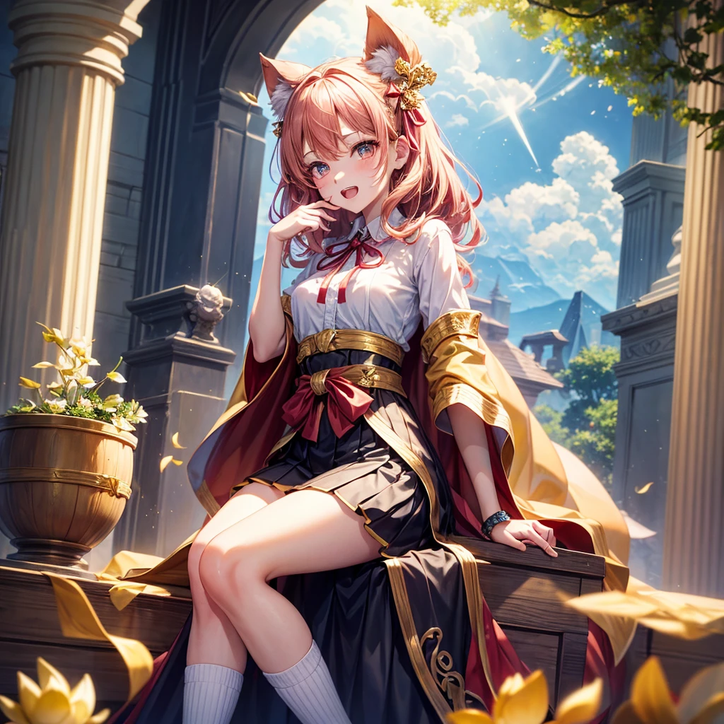 Pink gold golden hair、Golden Eyes、One good looking girl、solo、anime、Checkered mini skirt、Ruffles on the skirt、Red T-shirt、Cape、Gothic、Black knee-high socks、Wearing a ribbon、Ribbon on waist、Tilting face、Teeth are visible、Sunset sky、Piercing the clouds、Contrail、tree、Touching your face、lotus leaves、Cumulonimbus、Pillar of Light、Magic wand、Sitting on a golden treasure chest