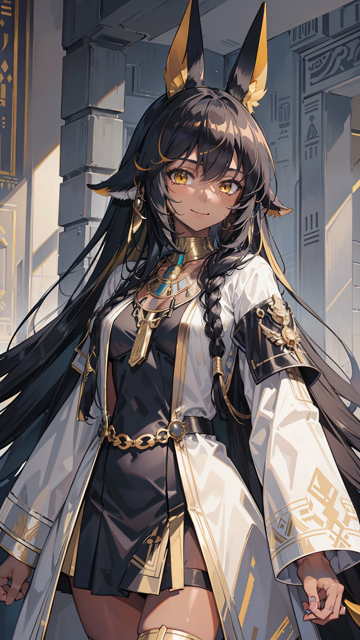 (masterpiece, best quality:1.2), illustration, 8k, hd, solo, 1girl, ((tan, dark skin)), egyptian girl, long hair, black hair, golden diadem on head, wearing white Egyptian clothes, thigh highs, medium breasts, yellow eyes, smile, animal ears, white coat, black dress,