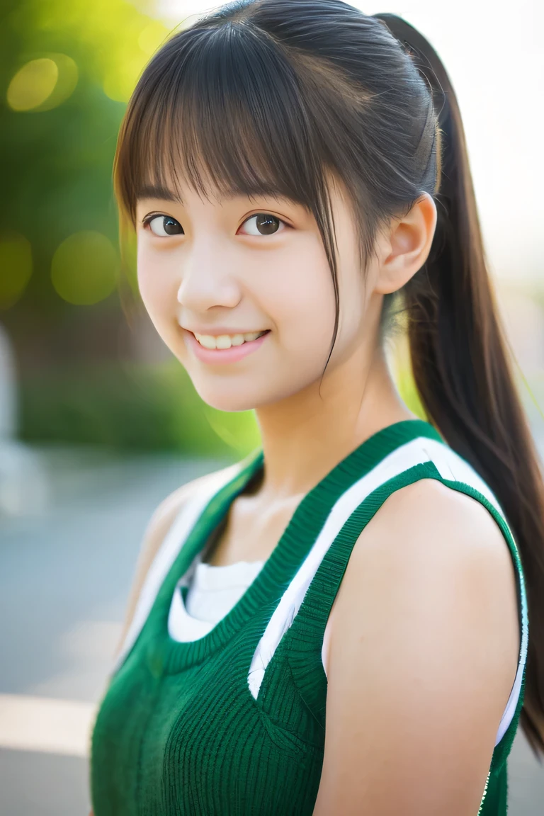 Lens 135mm f1.8, (highest quality),(RAW photo), , (Beautiful Japanese girl), cute face, (deeply carved face:0.7), (freckles:0.6), ,dramatic , (japanese school (croptop) light_green tanktop), (inside the school), shy, low twintails, , (smile),, (sparkling eyes)、(standing),