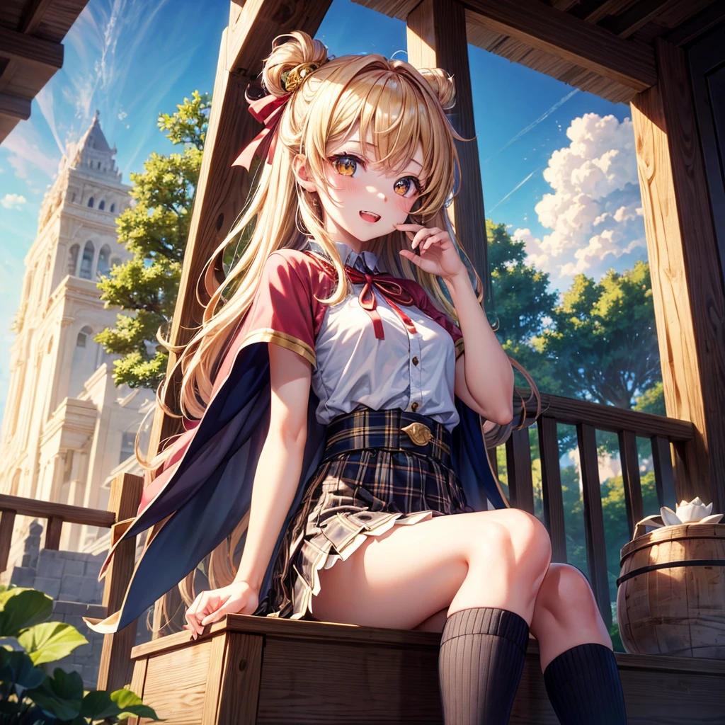 Pink gold golden hair、Golden Eyes、One good looking girl、solo、anime、Checkered mini skirt、Ruffles on the skirt、Red T-shirt、Cape、Gothic、Black knee-high socks、Wearing a ribbon、Ribbon on waist、Tilting face、Teeth are visible、Sunset sky、Piercing the clouds、Contrail、tree、Touching your face、lotus leaves、Cumulonimbus、Pillar of Light、Magic wand、Sitting on a golden treasure chest
