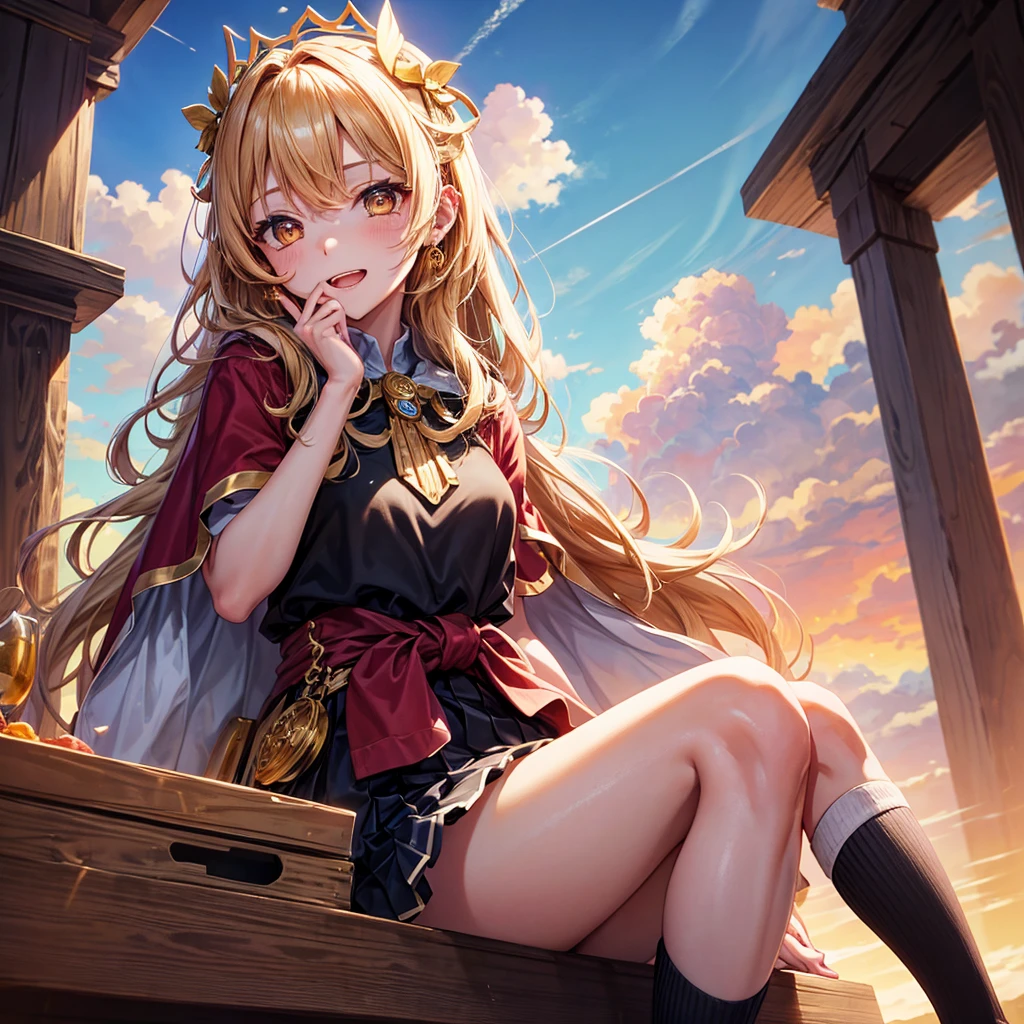Pink gold golden hair、Golden Eyes、One good looking girl、solo、anime、Checkered mini skirt、Ruffles on the skirt、Red T-shirt、Cape、Gothic、Black knee-high socks、Wearing a ribbon、Ribbon on waist、Tilting face、Teeth are visible、Sunset sky、Piercing the clouds、Contrail、tree、Touching your face、lotus leaves、Cumulonimbus、Pillar of Light、Magic wand、Sitting on a golden treasure chest