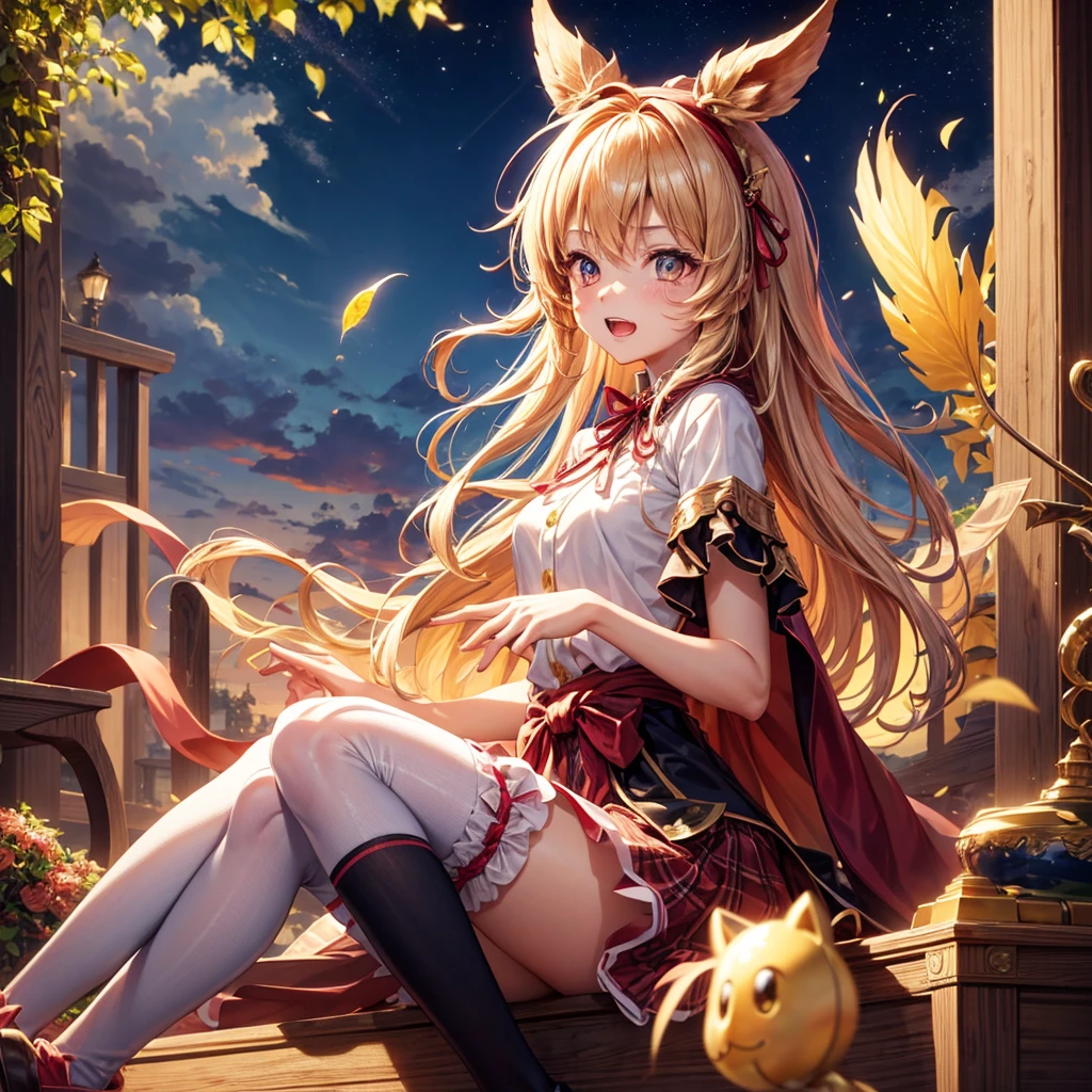 Pink gold golden hair、Golden Eyes、One good looking girl、solo、anime、Checkered mini skirt、Ruffles on the skirt、Red T-shirt、Cape、Gothic、Black knee-high socks、Wearing a ribbon、Ribbon on waist、Tilting face、Teeth are visible、Sunset sky、Piercing the clouds、Contrail、tree、Touching your face、lotus leaves、Cumulonimbus、Pillar of Light、Magic wand、Sitting on a golden treasure chest