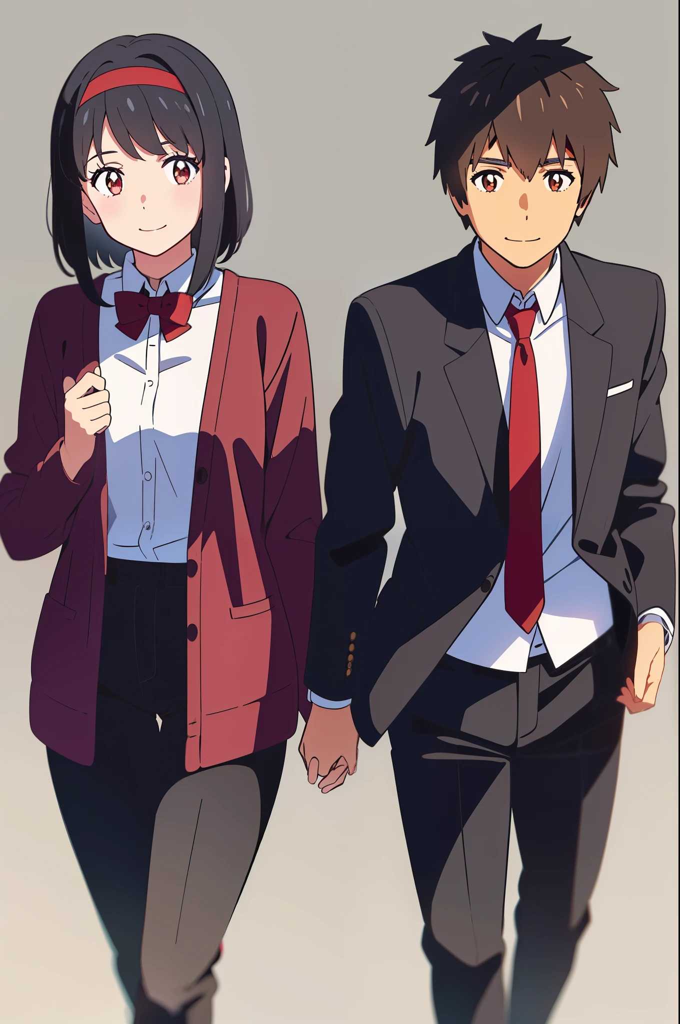 shinkai makoto, kimi no na wa., 1girl, 1boy, bangs, black hair, short hair, brown eyes, collared shirt, white shirt, black cardigan, black pants, (boy wear red tie), (girl wear red bow, red headband, red ribbon), cute, couple, adorable, shinny skin, looking at viewer, smile, simple background