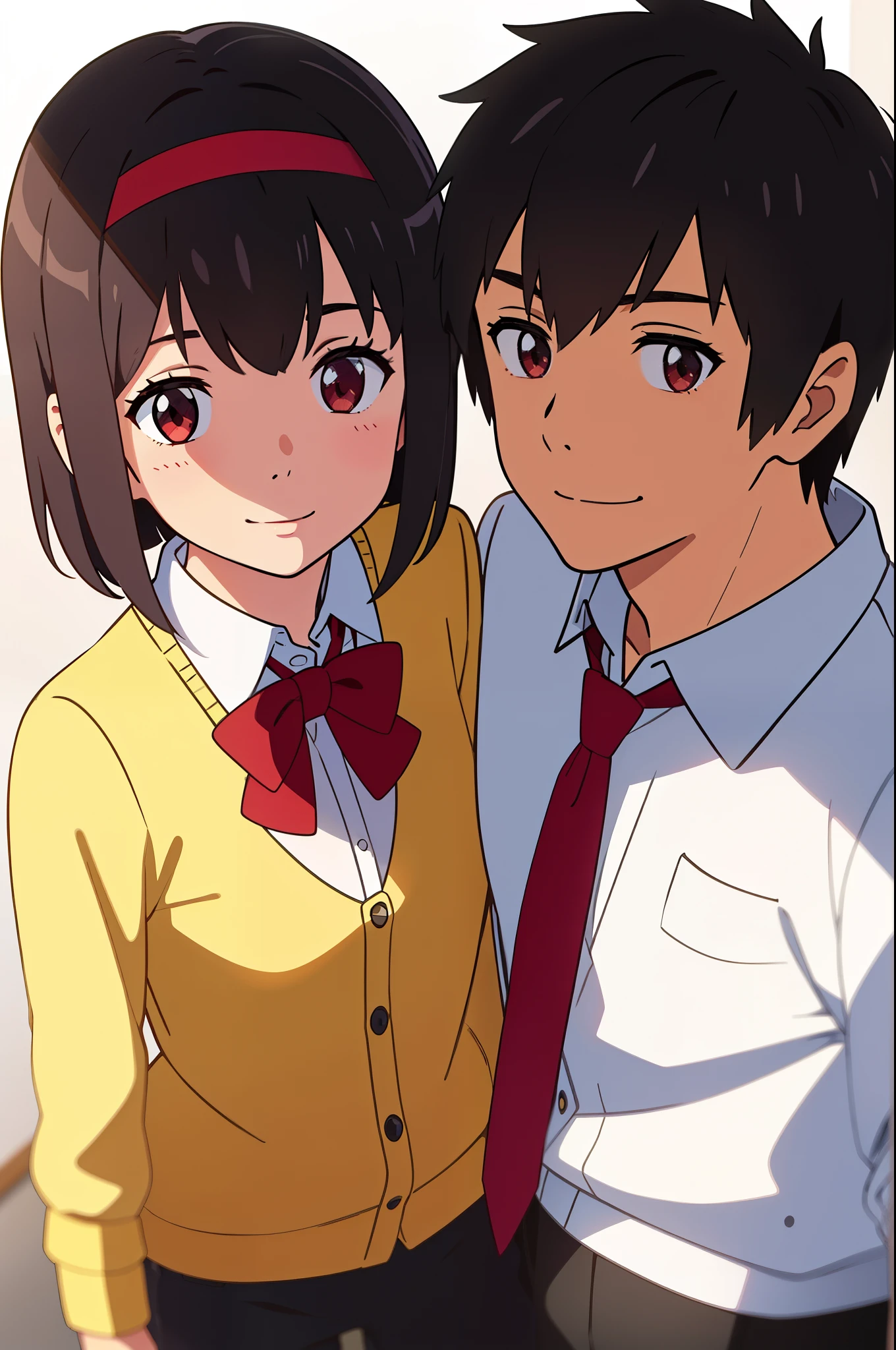 shinkai makoto, kimi no na wa., 1girl, 1boy, bangs, black hair, short hair, brown eyes, collared shirt, white shirt, black cardigan, black pants, (boy wear red tie), (girl wear red bow, red headband, red ribbon), cute, couple, adorable, shinny skin, looking at viewer, smile, simple background