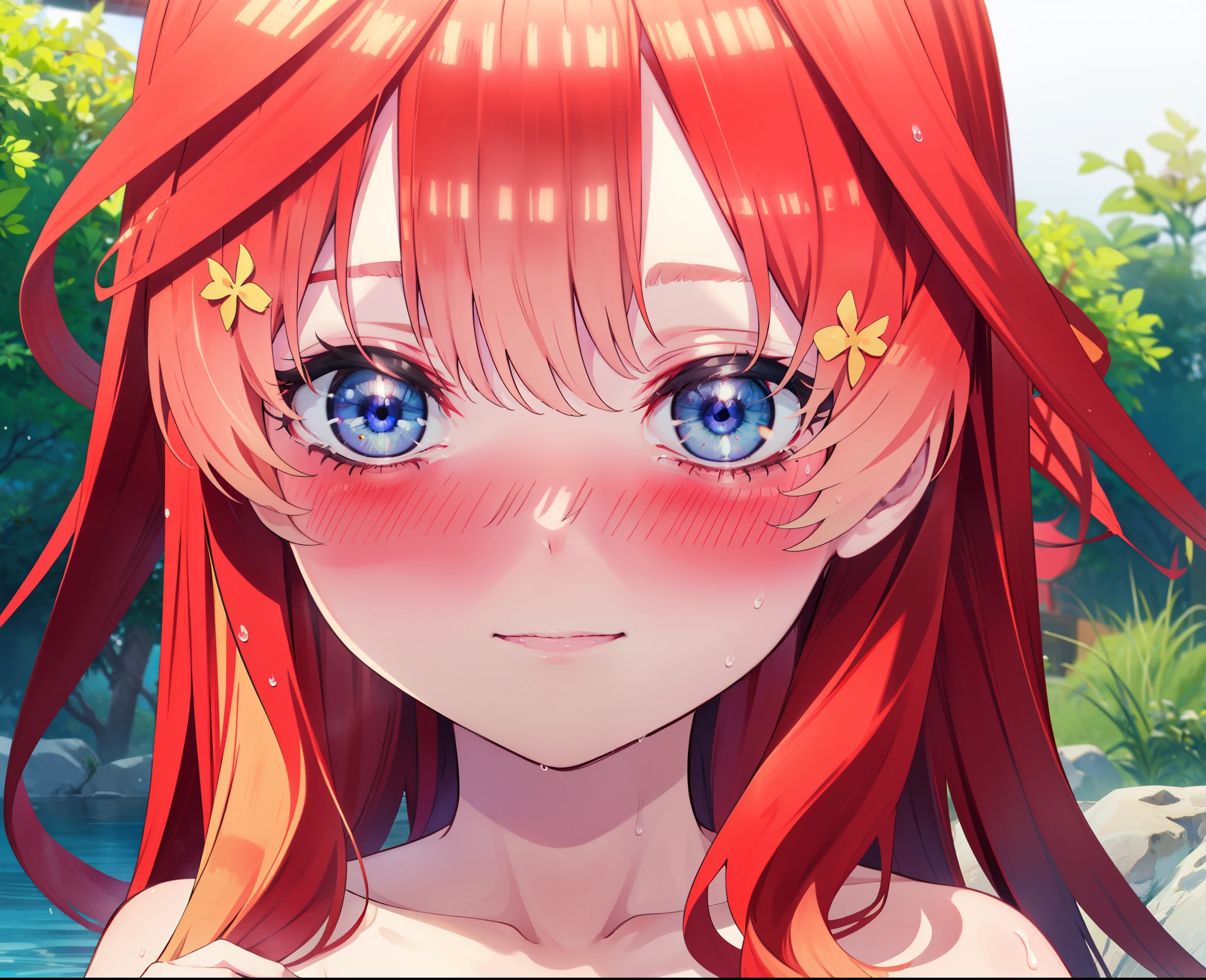 itsukinakano, Itsuki Nakano, bangs, blue eyes, Hair between the eyes, Ahoge, Redhead, smile,Big Breasts,Naked Towel,
blush,smile, Wet Hair,Wet towel,Wet Naked,Open your mouth,Damp Hair,Completely naked,barefoot,Cover one&#39;s naked body with a bath towel,moon光,night,moon,whole bodyがイラストに入るように,
break outdoors, Open-air bath,
break looking at viewer, whole body,
break (masterpiece:1.2), highest quality, High resolution, unity 8k wallpaper, (figure:0.8), (Beautiful fine details:1.6), Highly detailed face, Perfect lighting, Highly detailed CG, (Perfect hands, Perfect Anatomy),