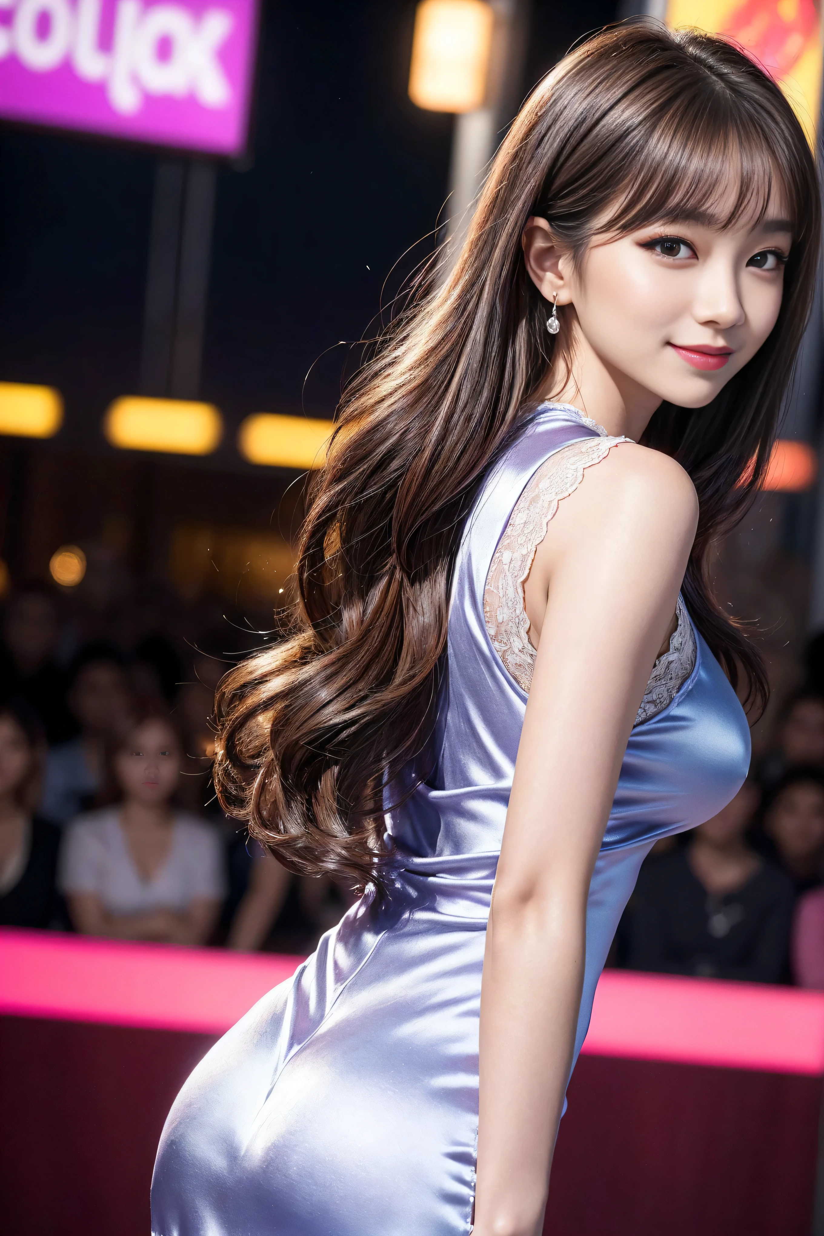 8k, masterpiece, original photo, best quality, Realistic, Extremely detailed CG unified 8k wallpaper, Depth of Field, Light, Lens Light Halo, Light line tracing, (Extremely beautiful face, Beautiful lips, beautiful eyes), Intricately detailed face, ((Ultra-delicate skin)) 1 girl, in the darkness, Deep Shadows, Beautiful Korean girl, K-Pop Idol, 1 girl, (Very slim slender fit-muscled body:1.3), ((Looking at the audience)),(A bright smile:1.3), (Hot Pink Shirt), (sleeveless) , (Fashion City Night, Night, (Neon), (Blurred background), Fashion Street Night),(No one in the background:1.3), Beautiful earrings, bracelet, necklace, Pantyhose, Clear eyes, walk, (Pale skin), (big eyes), Facing forward, ((Upper body shot)), ((Dress in silk color:1.3)),(Brown hair),((tight fitting Lace dress)), (Lace dress), (see through), (Looking at the audience:1.3) Open the breast, Very slim, Medium breasts, Look back,((Back Shot)), see through, Medium butt