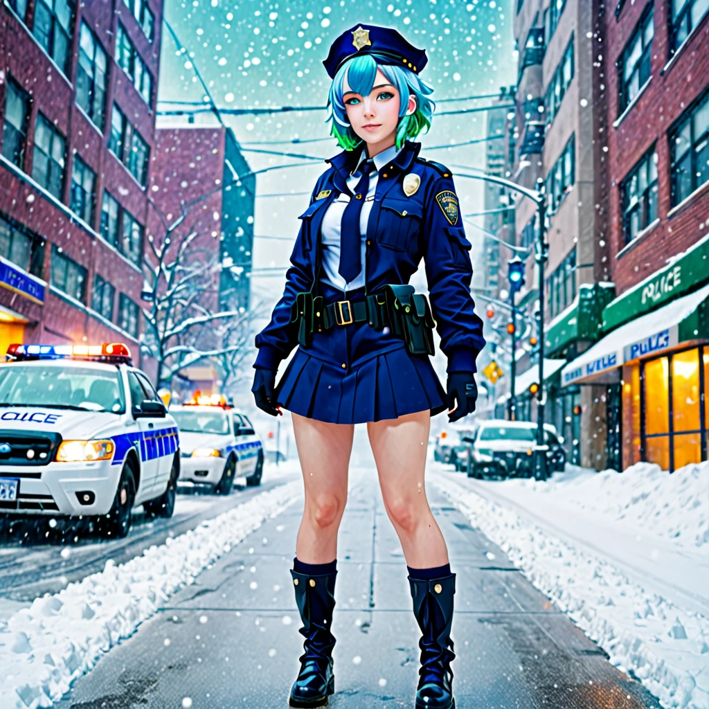 best quality,ultra high res,1girl,solo,full body,snow,city,, blue hair,green eyes,jk,police uniform,