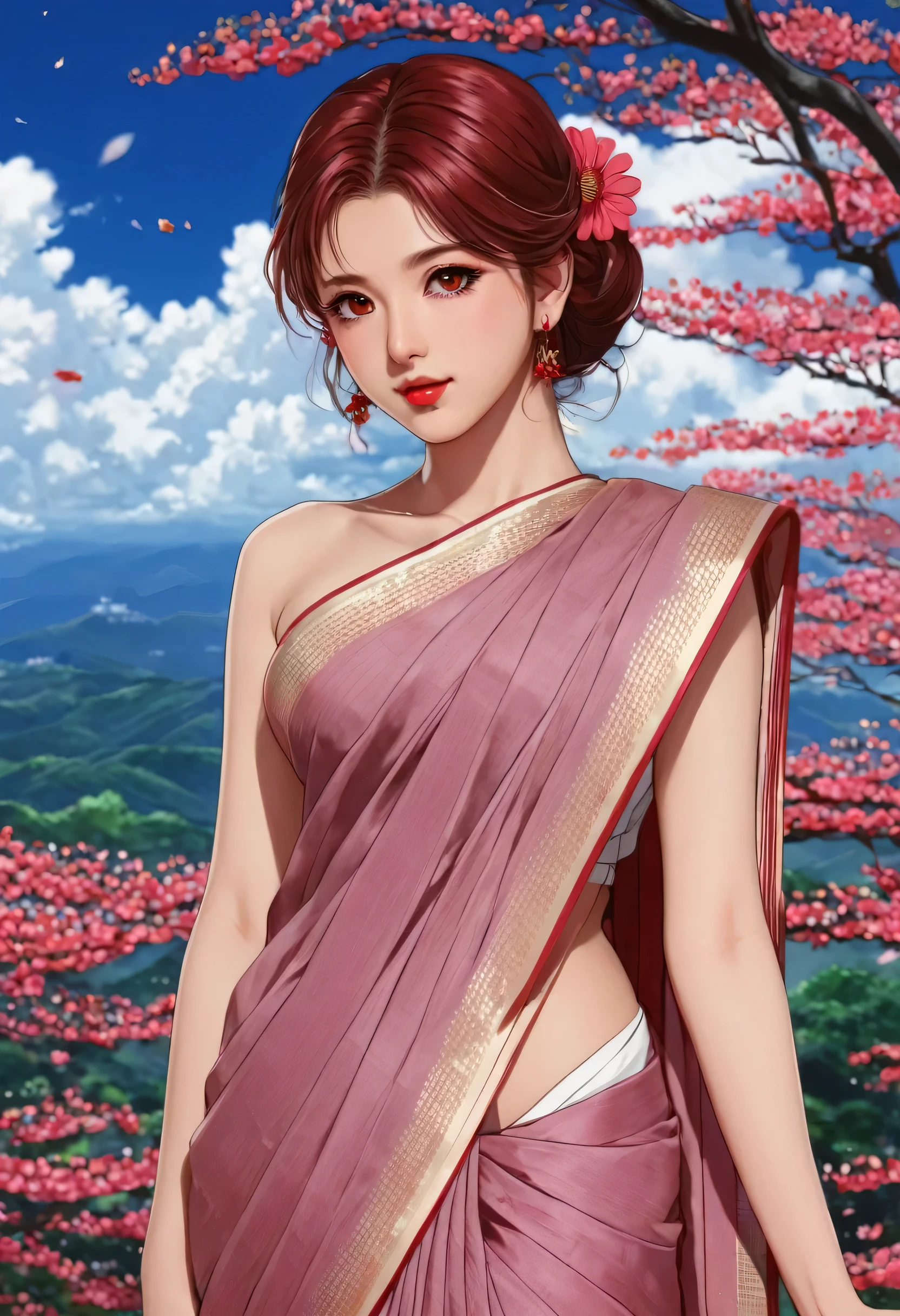 (masterpiece),(highest quality:1.0), (Ultra-high resolution:1.0), detailed illustration, 8k, anime, One girl, beautiful anime girl, Wearing a sari, Pink wearing a sari, Cute pose, Pretty face, detailed face, Beautiful Eyes, Dark red eyes, detailed eyes, Red lips, Red lipstick, A little brown hair, Pink flower on ear, Hair highlights, Are standing, Red flowers blooming on the tree behind, Wide sky with clouds, detailed, complicated, anime style, highly detailed
