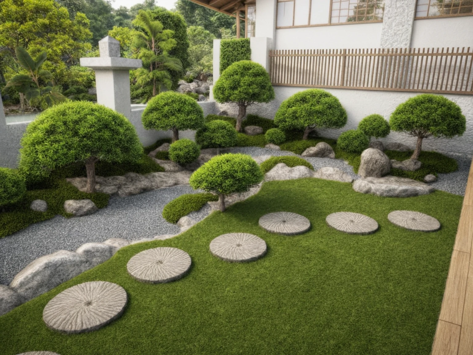 (Wabisabi style:1.2), The garden and wall are planted with pine trees, pine trees, peach trees, and apricot trees. There are many types of shrubs to choose from for inclusion in Japanese garden design such as sycamore, laurel, apricot, sanh, and sapphire. Domestic plants are mainly lotus and aquatic plants such as water bamboo and betel nut. Artistic penjing trees are also integrated into rockeries and rugged rocks like cliffs, white concrete fence, A pond surrounded by a Japanese garden with shrubs, rocks, and trees and a fish tank in the garden, (architectural design visualization), (neutral natural lighting), (reflection), (focus on object), (material normal bump real reflection), (scattered light), (light ray), (multi-beam light), (sunbeam) (multi-level reflection), (chao vantage software visualization render),(((Best Quality))), ((Masterpiece)), ((best illustration)), ((best shadows)), ((Super Detail)), (Intricate lines), (Photorealism),(hyper detail), ((archdaily)), ((award winning design)), (dynamic light), spotlight, (perfect light), (shimering light), ((photorealistic)), ((intricate detail)), ((extreme detail)), ((crazy detail)), ((octane render)), ((trending on artstation)), ((High-fidelity)), ((Viwvid)), ((Crisp)), ((Bright)), ((Stunning)), ((Eye-catching)), ((High-quality)),((Sharp))((Bright)), ((Stunning)), ((Eye-catching)), ((Illuminating)), ((Flawless)), ((High-quality)),((Sharp edge render)), ((medium soft lighting)), ((photographic render)), ((detailed archviz)), ((reality environment))