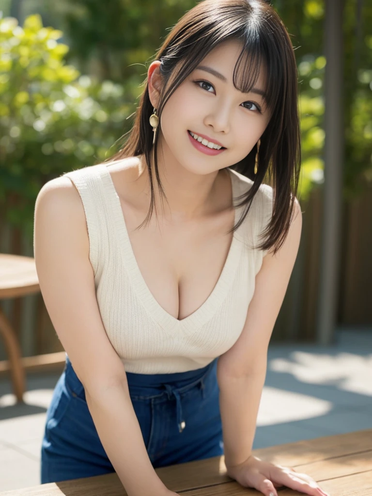 Tabletop, highest quality, Photorealistic, In detail, High resolution, 8k wallpaper, Perfect dynamic composition, Beautiful fine details, Medium Hair, Random sexy poses,Chest pressed together、Sleeveless knit、(Beautiful breasts、breast bulge)、Laughter、Open your mouth、Resort scenery、Beauty:Age 25、(Beautiful Eyes 1.4)、Adult Beauty、Japanese、Beautiful Skin、Beautiful feet、Beautiful texture、