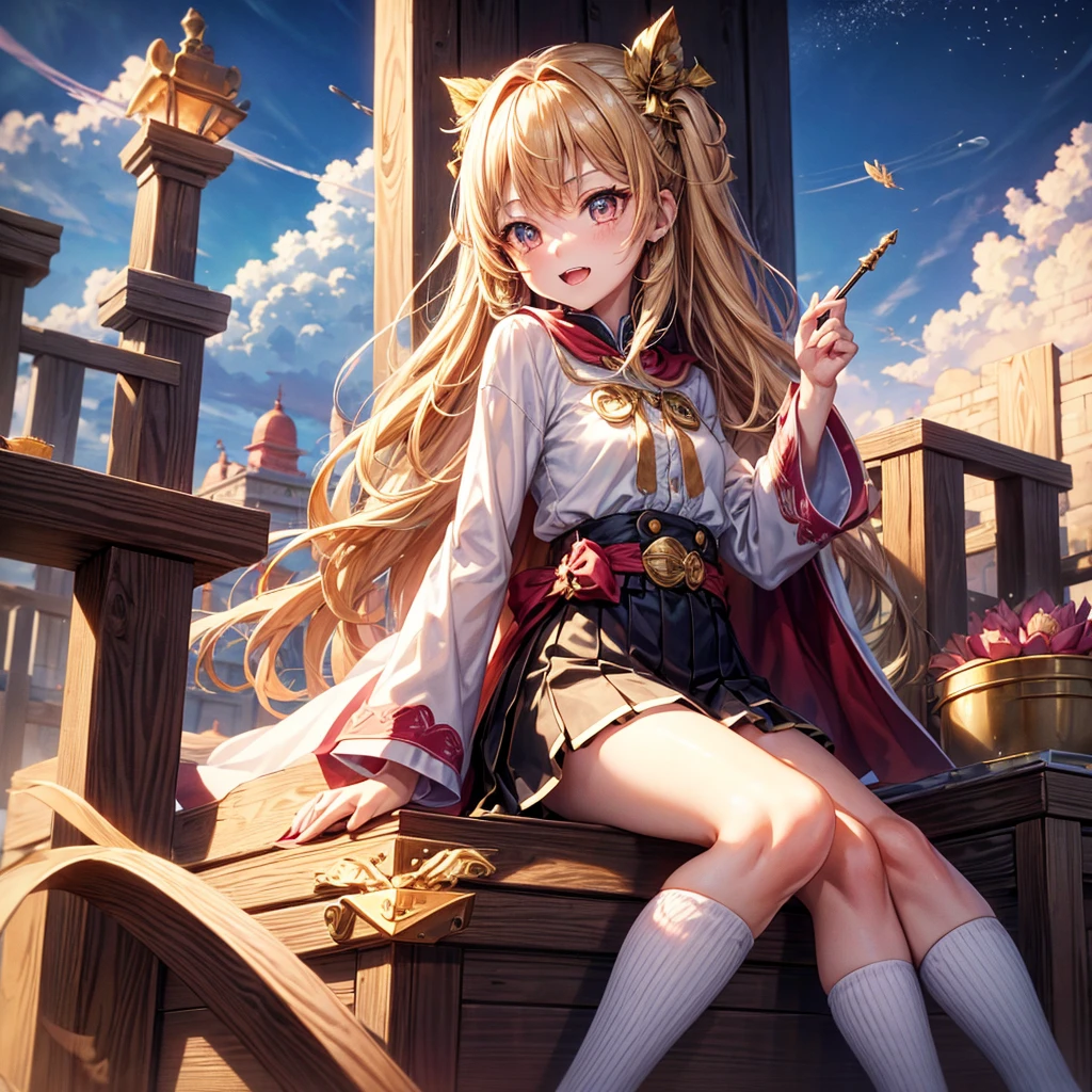 Pink gold golden hair、Golden Eyes、One good looking girl、solo、anime、Checkered mini skirt、Ruffles on the skirt、Red T-shirt、Cape、Gothic、Black knee-high socks、Wearing a ribbon、Ribbon on waist、Tilting face、Teeth are visible、Sunset sky、Piercing the clouds、Contrail、tree、Touching your face、lotus leaves、Cumulonimbus、Pillar of Light、Magic wand、Sitting on a golden treasure chest