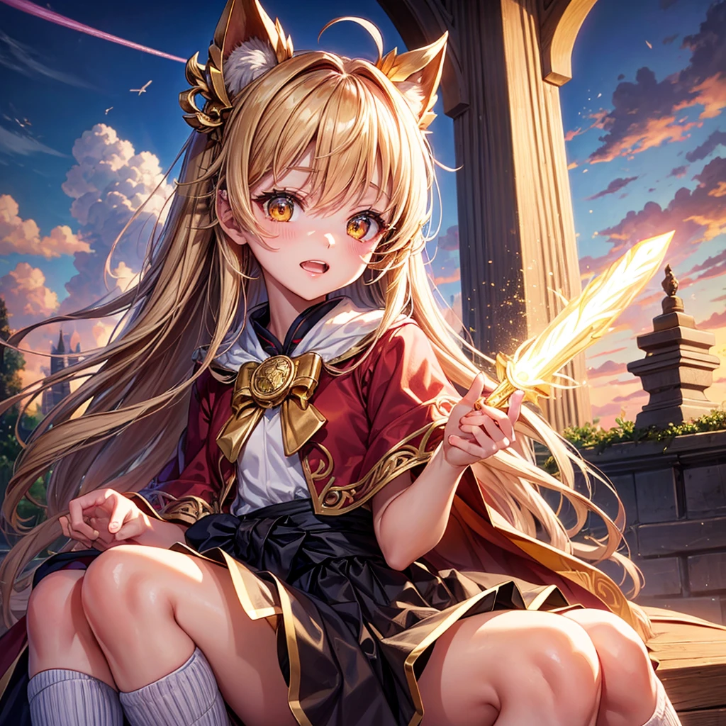Pink gold golden hair、Golden Eyes、One good looking girl、solo、anime、Checkered mini skirt、Ruffles on the skirt、Red T-shirt、Cape、Gothic、Black knee-high socks、Wearing a ribbon、Ribbon on waist、Tilting face、Teeth are visible、Sunset sky、Piercing the clouds、Contrail、tree、Touching your face、lotus leaves、Cumulonimbus、Pillar of Light、Magic wand、Sitting on a golden treasure chest