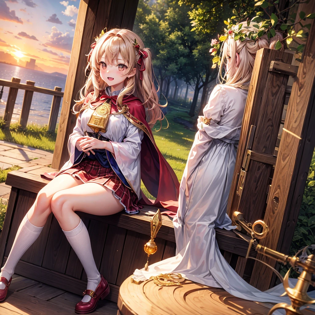 Pink gold golden hair、Golden Eyes、One good looking girl、solo、anime、Checkered mini skirt、Ruffles on the skirt、Red T-shirt、Cape、Gothic、Black knee-high socks、Wearing a ribbon、Ribbon on waist、Tilting face、Teeth are visible、Sunset sky、Piercing the clouds、Contrail、tree、Touching your face、lotus leaves、Cumulonimbus、Pillar of Light、Magic wand、Sitting on a golden treasure chest