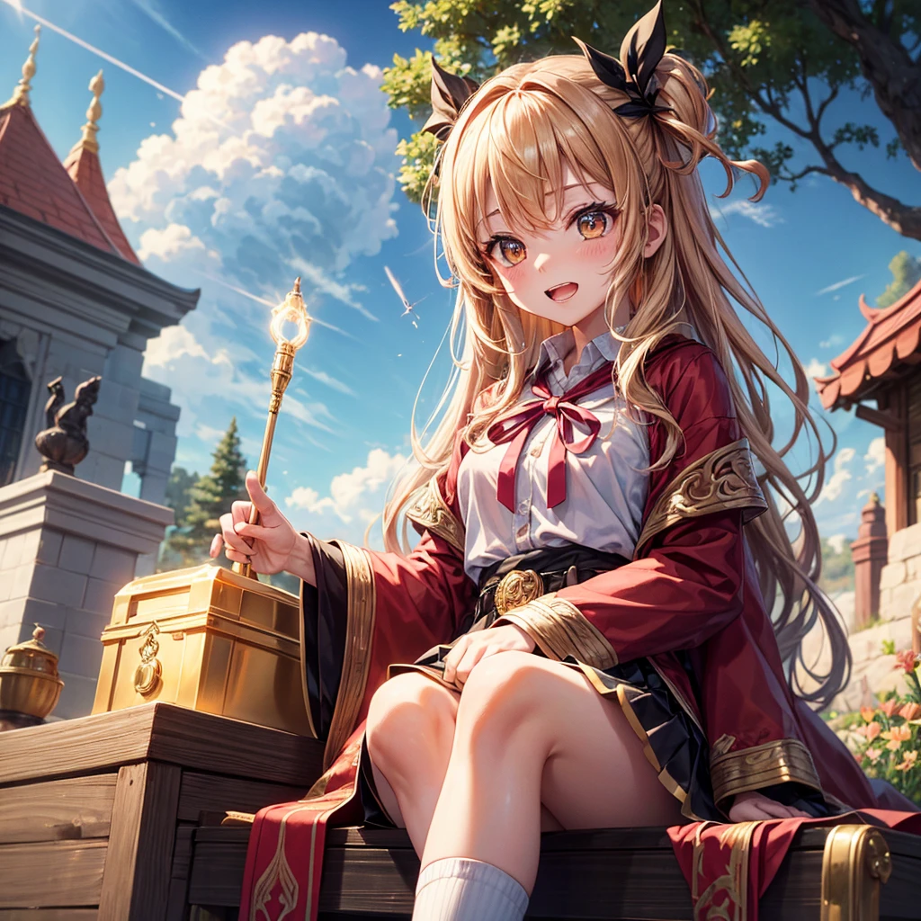 Pink gold golden hair、Golden Eyes、One good looking girl、solo、anime、Checkered mini skirt、Ruffles on the skirt、Red T-shirt、Cape、Gothic、Black knee-high socks、Wearing a ribbon、Ribbon on waist、Tilting face、Teeth are visible、Sunset sky、Piercing the clouds、Contrail、tree、Touching your face、lotus leaves、Cumulonimbus、Pillar of Light、Magic wand、Sitting on a golden treasure chest