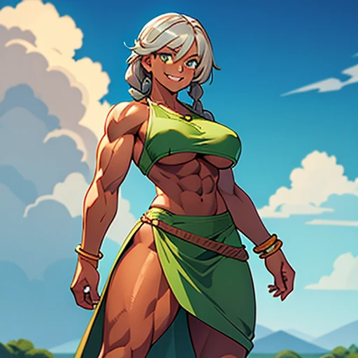 Muscular,women,gray hair,brown skin,Lazio hair, a braid over the shoulder, green eyes,Green elegant dress,An exposed leg, Looking to the horizon,Sharp teeth,smile,Bracelet on left hand ,solo,breasts, underboob,park,ahora