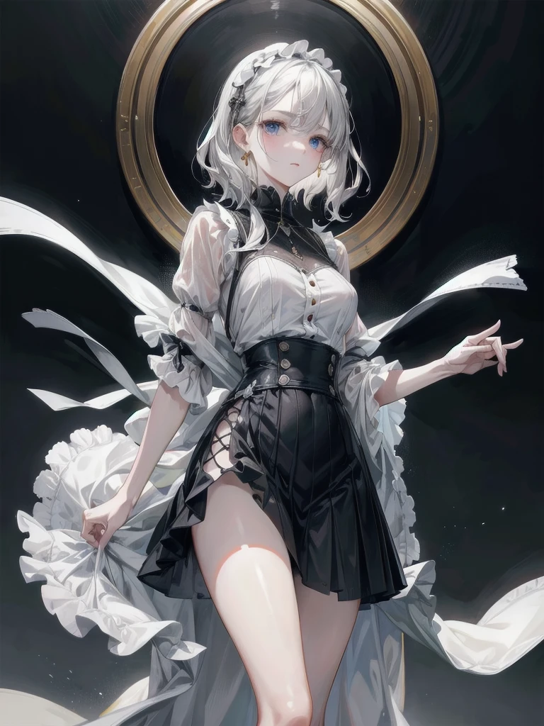 whole body, shirt and skirt, absurdres, RAW photo, extremely delicate and beautiful, masterpiece, Best Quality, ultra high resolution, 32k, hyperrealistic, ultra-detailed, perfect figure, detailed description, pale skin, 20 years old, detailed beautiful face and eyes, tearful mole, earring, short medium hair, wavy hair, colored inner hair,