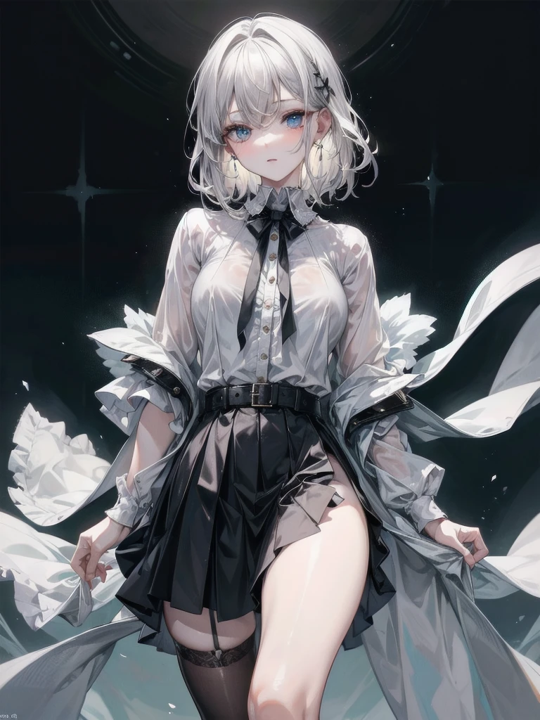 whole body, shirt and skirt, absurdres, RAW photo, extremely delicate and beautiful, masterpiece, Best Quality, ultra high resolution, 32k, hyperrealistic, ultra-detailed, perfect figure, detailed description, pale skin, 20 years old, detailed beautiful face and eyes, tearful mole, earring, short medium hair, wavy hair, colored inner hair,