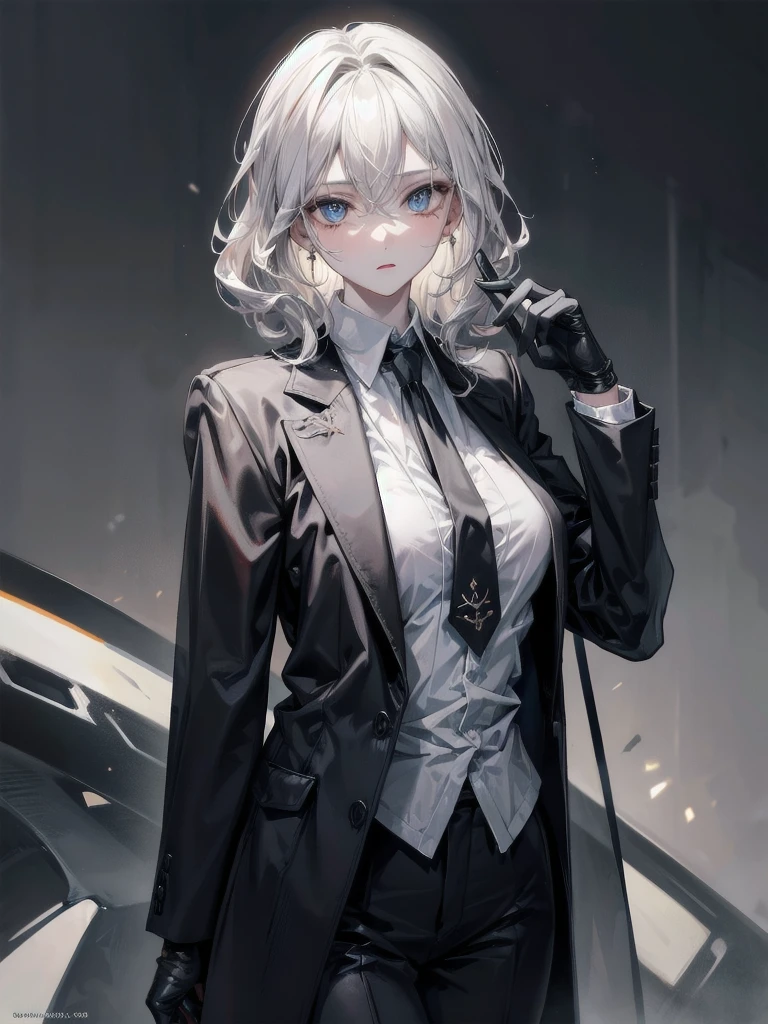 whole body, Black gloves, Formal suit, tie, Jacket, absurdres, RAW photo, extremely delicate and beautiful, masterpiece, Best Quality, ultra high resolution, 32k, hyperrealistic, ultra-detailed, perfect figure, detailed description, pale skin, 20 years old, detailed beautiful face and eyes, tearful mole, earring, short medium hair, wavy hair,