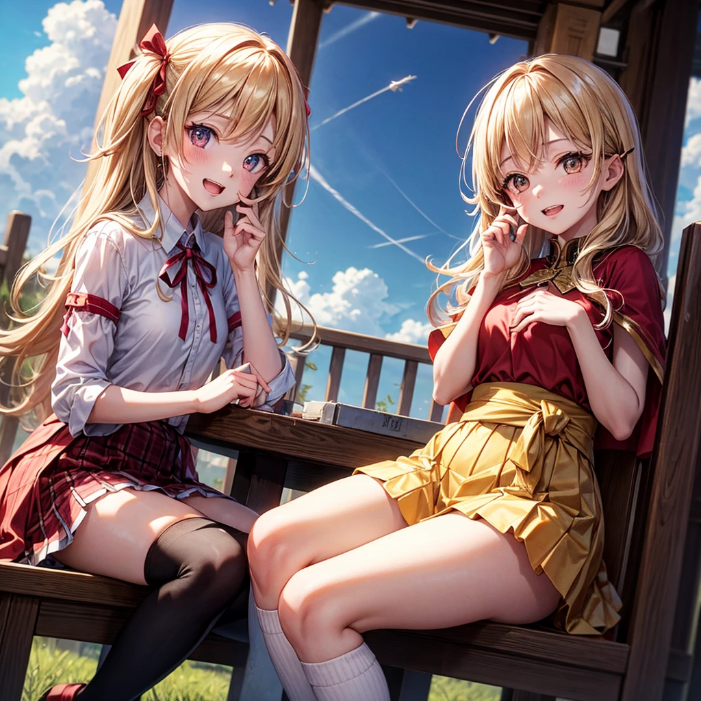 Pink gold golden hair、Golden Eyes、One good looking girl、solo、anime、Checkered mini skirt、Ruffles on the skirt、Red T-shirt、Cape、Gothic、Black knee-high socks、Wearing a ribbon、Ribbon on waist、Tilting face、Teeth are visible、Sunset sky、Piercing the clouds、Contrail、tree、Touching your face、lotus leaves、Cumulonimbus、Pillar of Light、Magic wand、Sitting on a golden treasure chest