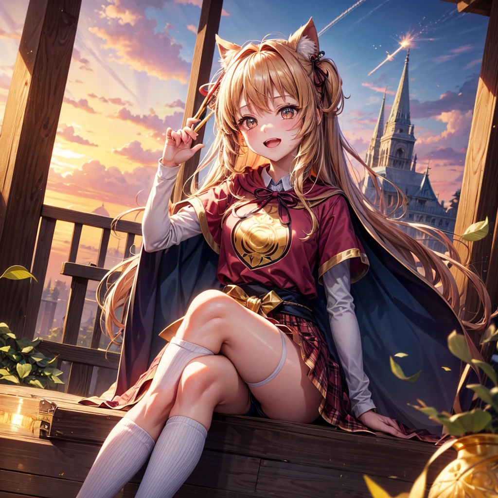 Pink gold golden hair、Golden Eyes、One good looking girl、solo、anime、Checkered mini skirt、Ruffles on the skirt、Red T-shirt、Cape、Gothic、Black knee-high socks、Wearing a ribbon、Ribbon on waist、Tilting face、Teeth are visible、Sunset sky、Piercing the clouds、Contrail、tree、Touching your face、lotus leaves、Cumulonimbus、Pillar of Light、Magic wand、Sitting on a golden treasure chest