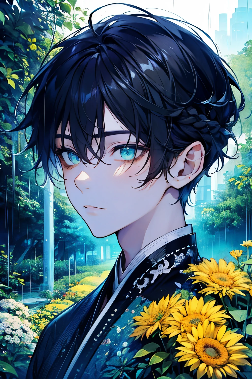 ((17years old man:1.2)),tazune rirei, masterpiece, best quality, braid hair, black hair, (portrait), shiny aqua eyes, white hanfu dress, rainy, garden, bokeh, outdoors, embarrassed,(close mouth), perfect hands,(yellow),looking front