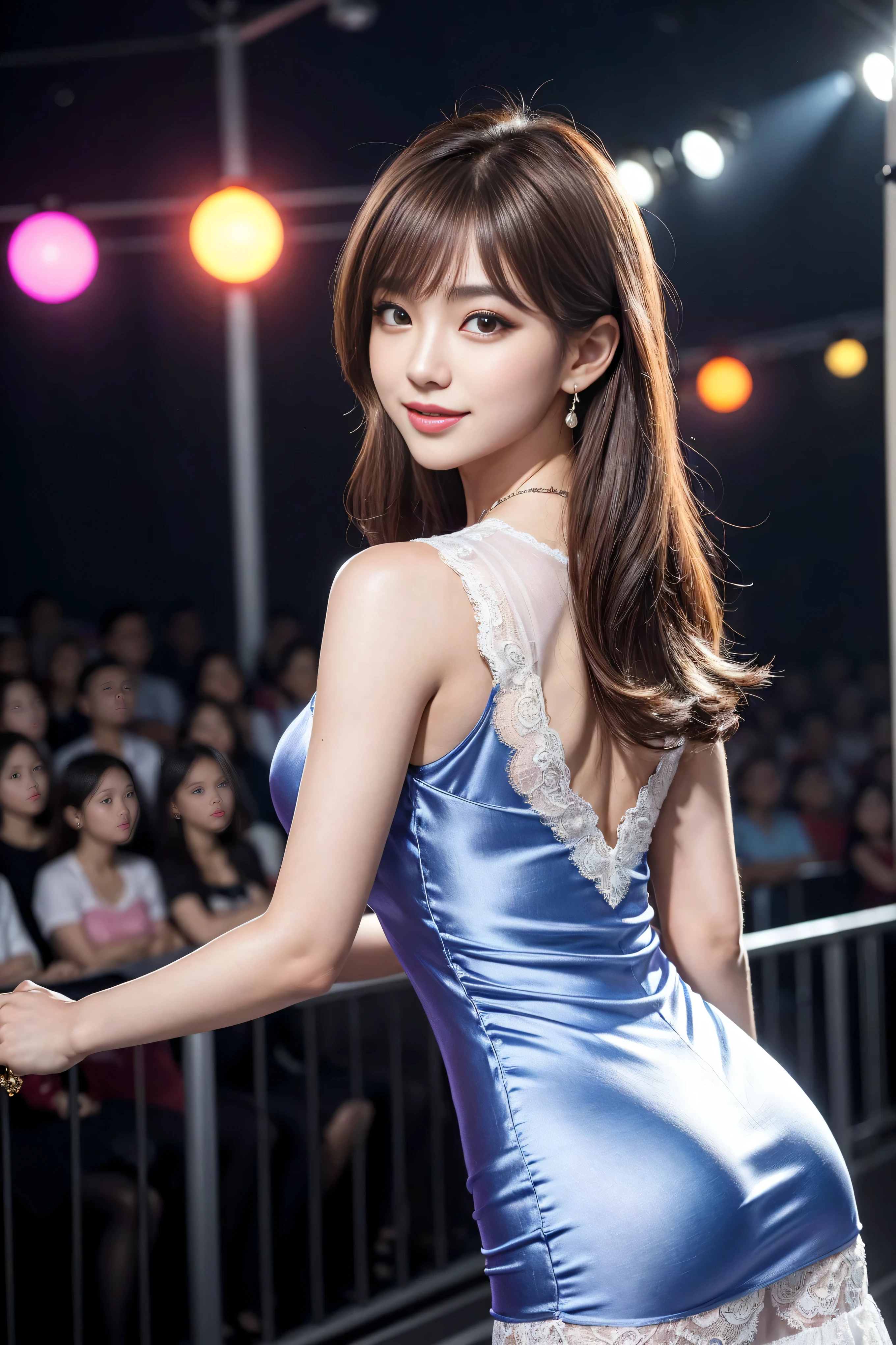 8k, masterpiece, original photo, best quality, Realistic, Extremely detailed CG unified 8k wallpaper, Depth of Field, Light, Lens Light Halo, Light line tracing, (Extremely beautiful face, Beautiful lips, beautiful eyes), Intricately detailed face, ((Ultra-delicate skin)) 1 girl, in the darkness, Deep Shadows, Beautiful Korean girl, K-Pop Idol, 1 girl, (Very slim slender fit-muscled body:1.3), ((Looking at the audience)),(A bright smile:1.3), (Hot Pink Shirt), (sleeveless) , (Fashion City Night, Night, (Neon), (Blurred background), Fashion Street Night),(No one in the background:1.3), Beautiful earrings, bracelet, necklace, Pantyhose, Clear eyes, walk, (Pale skin), (big eyes), Facing forward, ((Upper body shot)), ((Dress in silk color:1.3)),(Brown hair),((tight fitting Lace dress)), (Lace dress), (see through), (Looking at the audience:1.3) Open the breast, Very slim, Medium breasts, Look back,((Back Shot)), see through, Medium butt