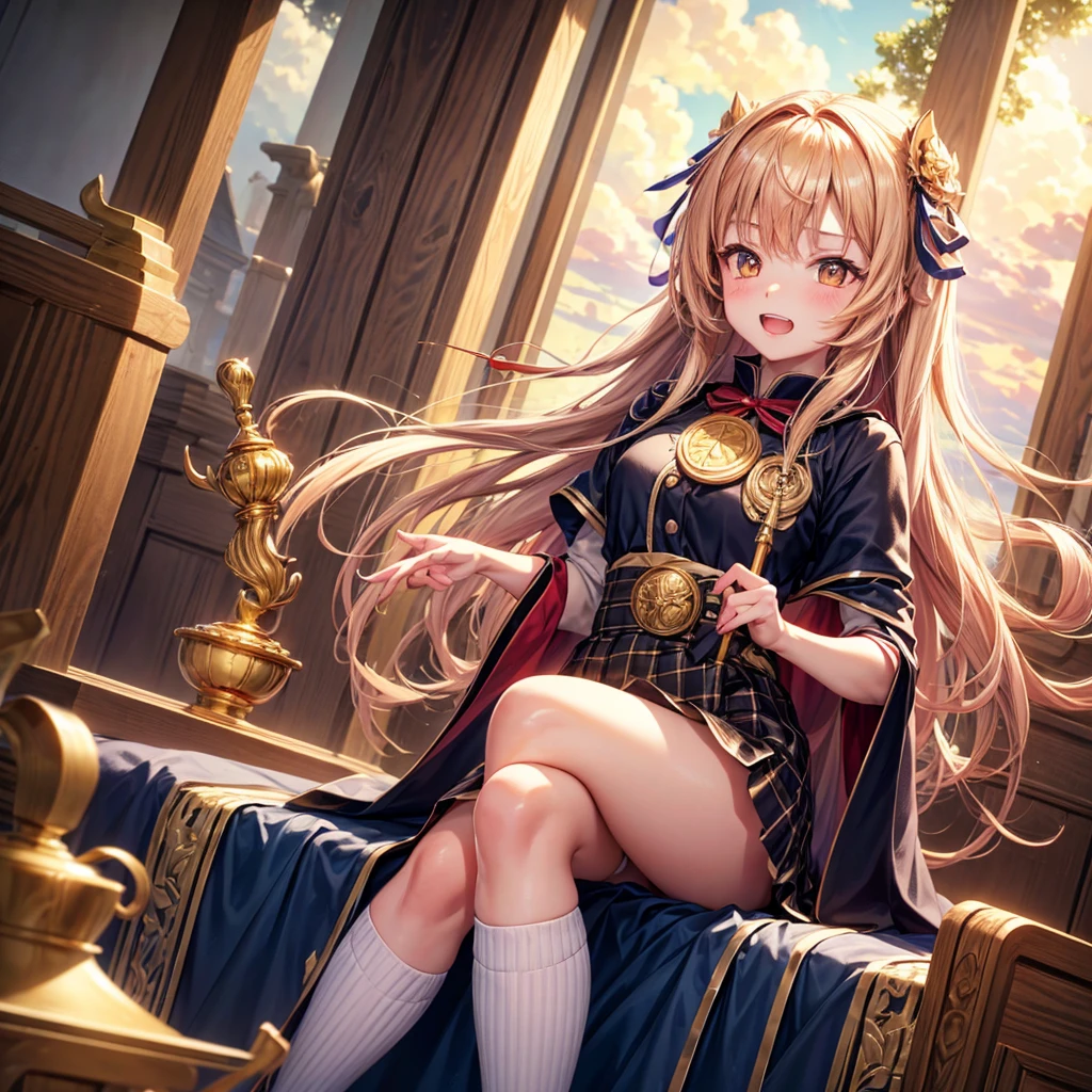 Pink gold golden hair、Golden Eyes、One good looking girl、solo、anime、Checkered mini skirt、Ruffles on the skirt、Red T-shirt、Cape、Gothic、Black knee-high socks、Wearing a ribbon、Ribbon on waist、Tilting face、Teeth are visible、Sunset sky、Piercing the clouds、Contrail、tree、Touching your face、lotus leaves、Cumulonimbus、Pillar of Light、Magic wand、Sitting on a golden treasure chest