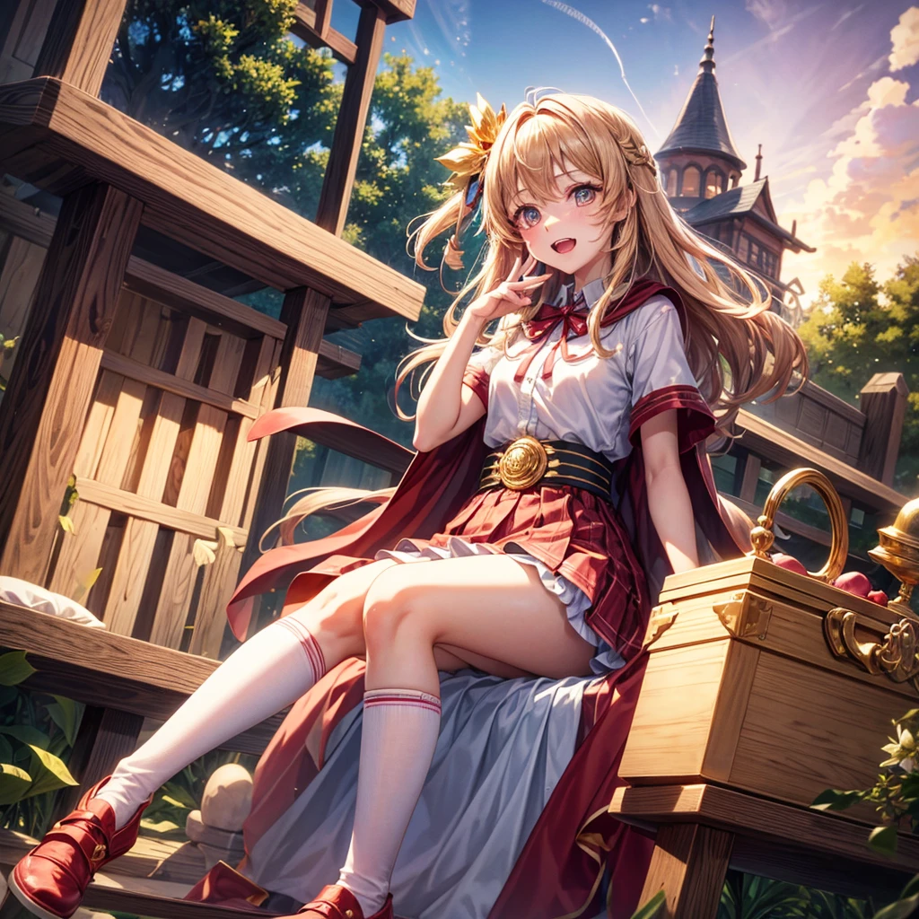 Pink gold golden hair、Golden Eyes、One good looking girl、solo、anime、Checkered mini skirt、Ruffles on the skirt、Red T-shirt、Cape、Gothic、Black knee-high socks、Wearing a ribbon、Ribbon on waist、Tilting face、Teeth are visible、Sunset sky、Piercing the clouds、Contrail、tree、Touching your face、lotus leaves、Cumulonimbus、Pillar of Light、Magic wand、Sitting on a golden treasure chest